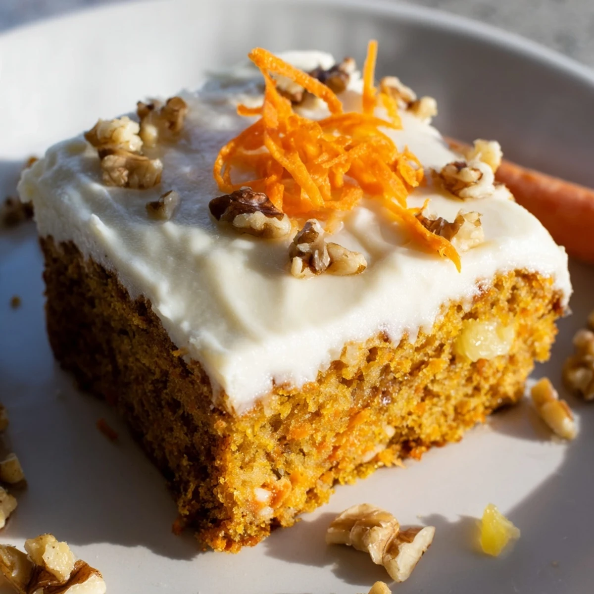 Sliced wedge of Easter Carrot Cake with Walnuts and Pineapple showing moist crumb with pineapple flecks and crunchy walnut pieces on a dessert plate.