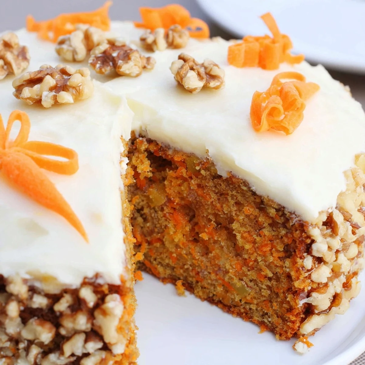 Frosted Easter Carrot Cake with Walnuts and Pineapple on a spring table with pastel décor, ready to serve with coffee or tea.