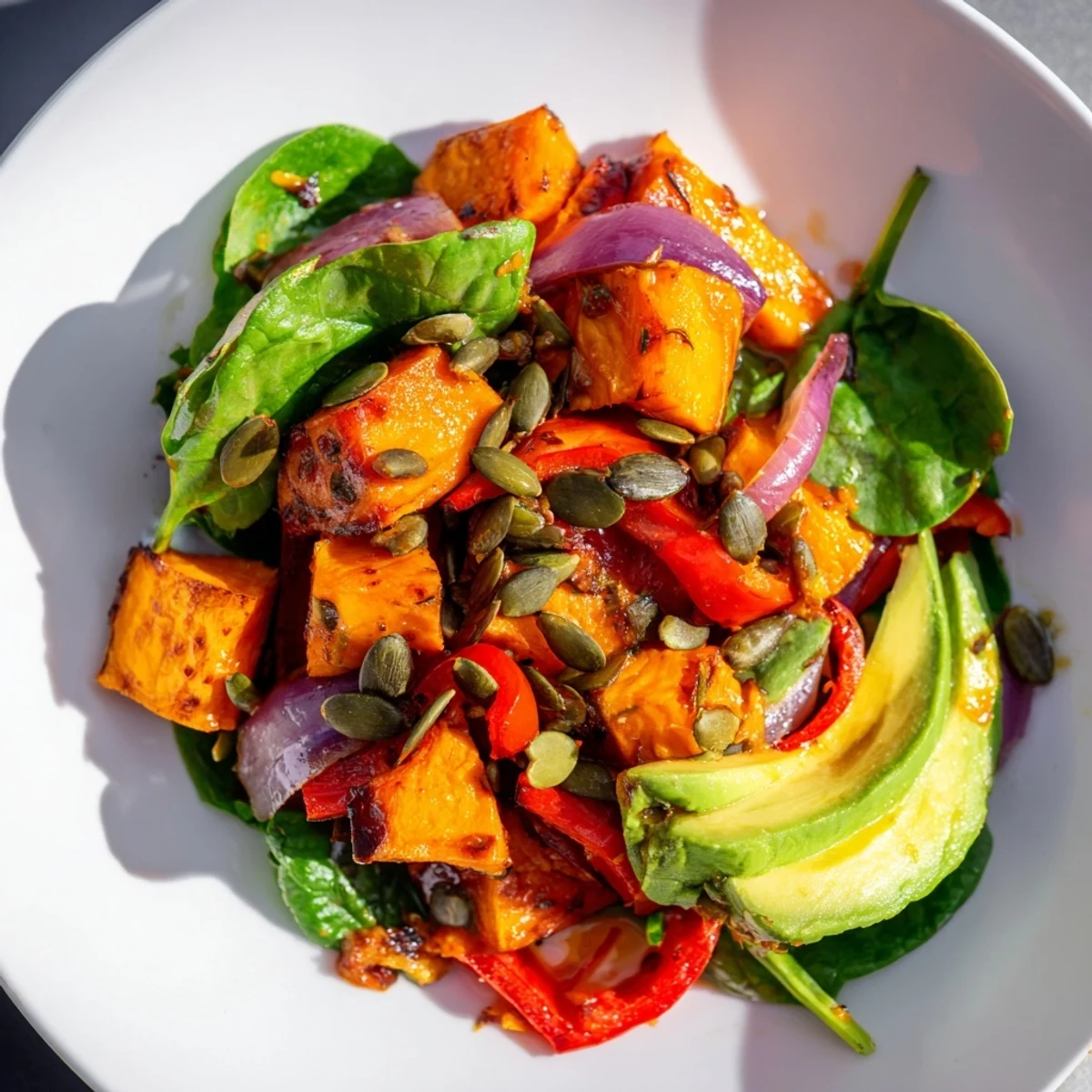 Colorful roasted sweet potato salad with avocado, spinach, and red bell pepper, drizzled with zesty lime dressing.