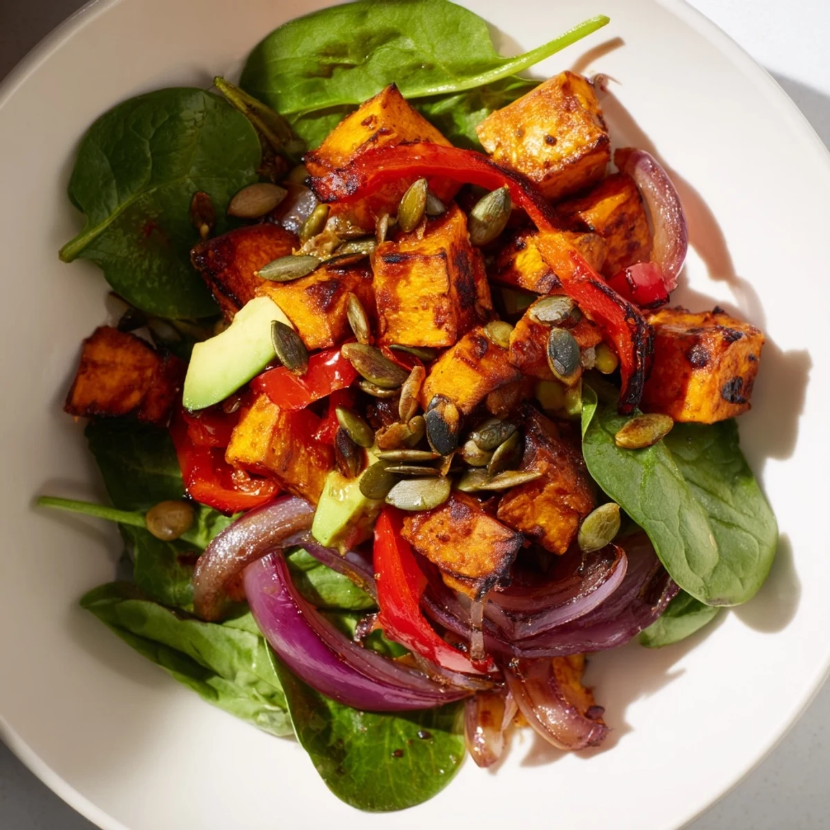 Vibrant Roasted Sweet Potato Salad with Lime, served as a hearty side dish with toasted pepitas garnish.