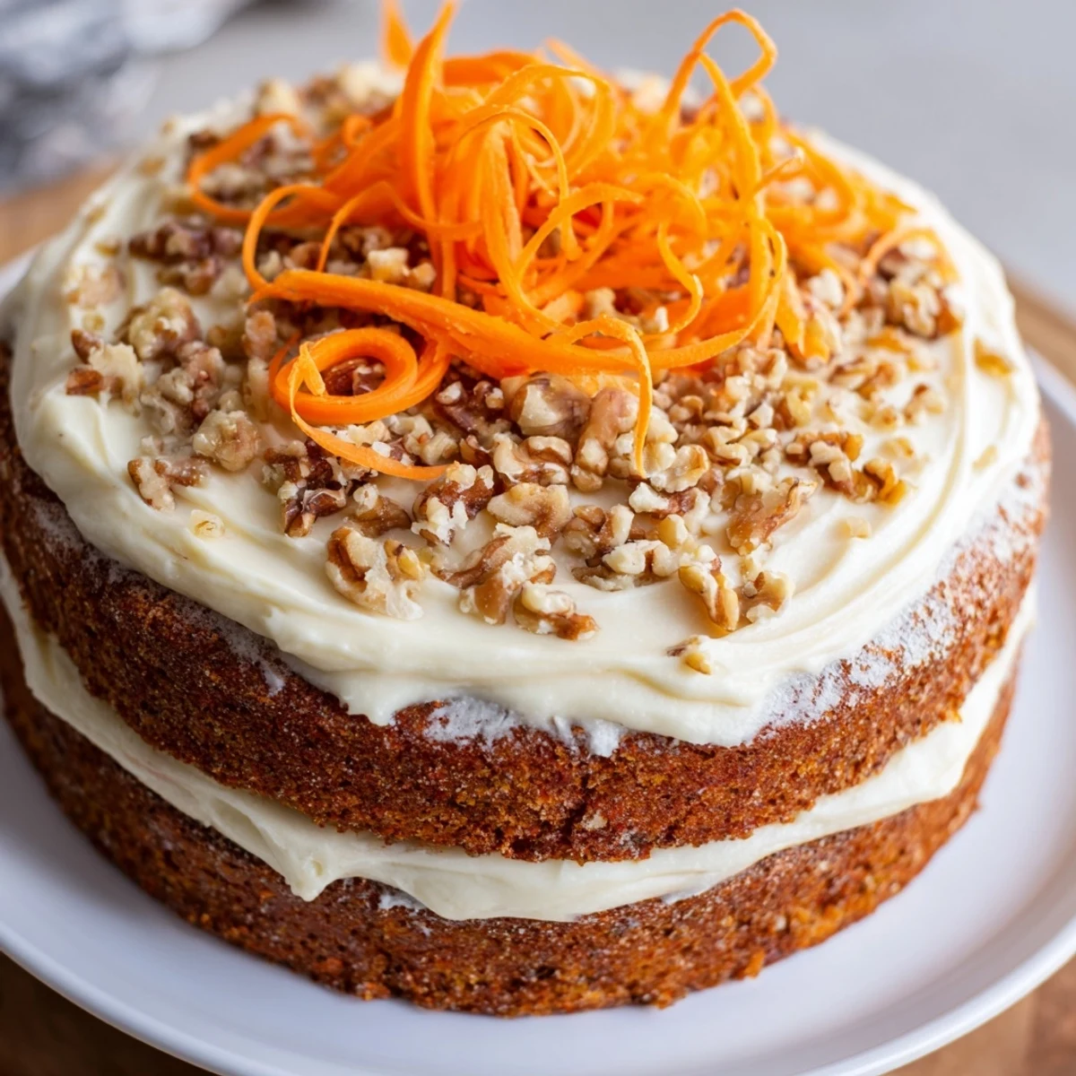 Sliced Easter Carrot Cake with Walnuts reveals grated carrots, raisins, and crunchy walnut pieces on a plate.