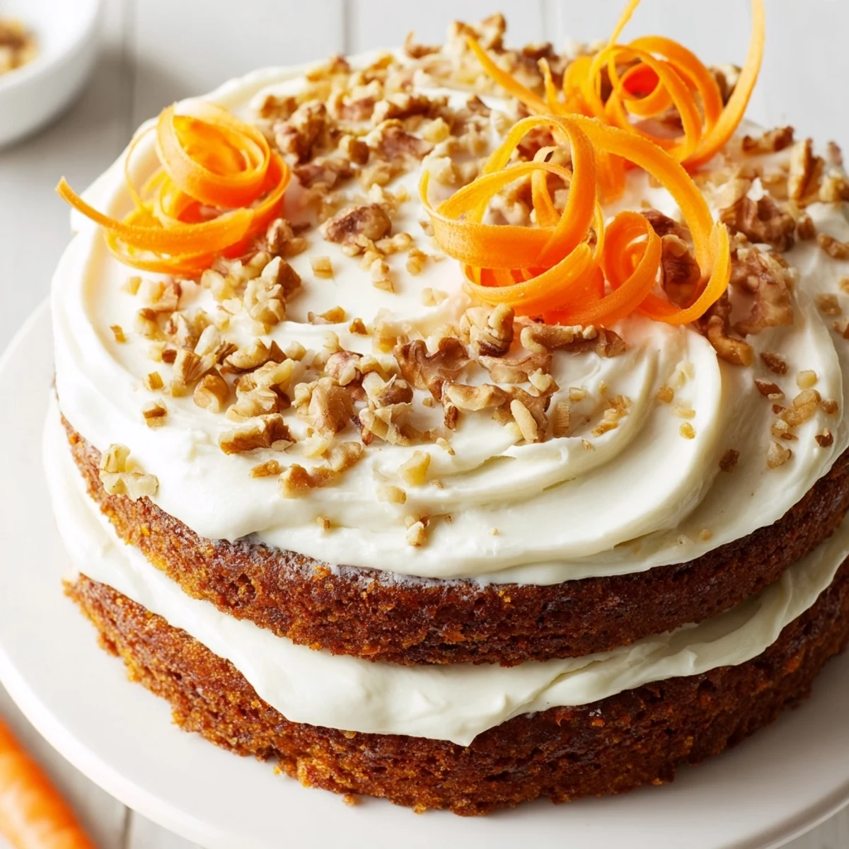 Moist Easter Carrot Cake with Walnuts topped with cream cheese frosting, garnished with carrot curls.