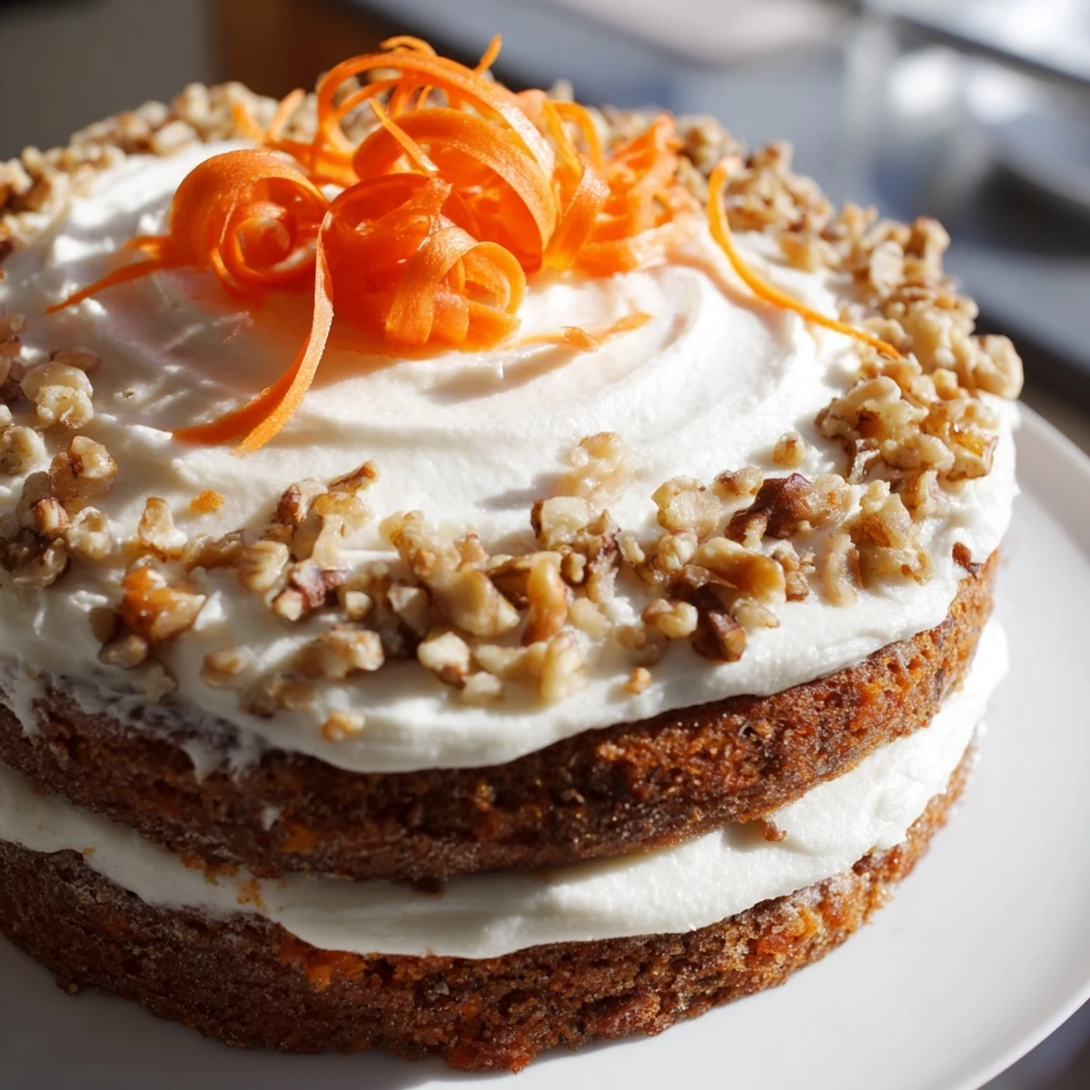 Festive Easter Carrot Cake with Walnuts and cream cheese frosting, paired with a cup of coffee for spring.