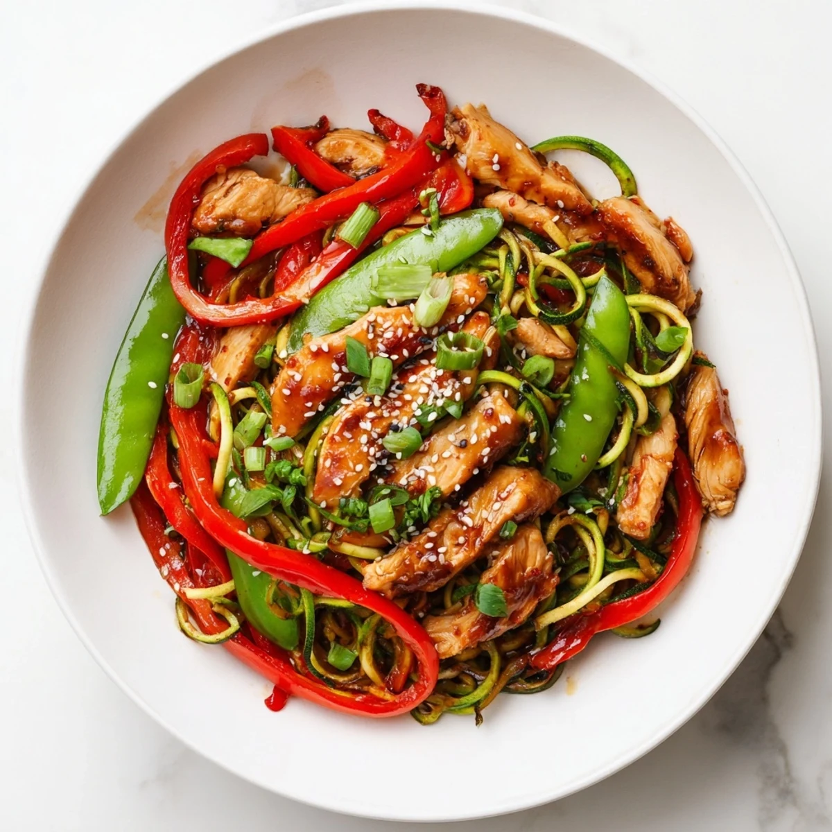 Tender chicken and crisp zucchini noodles in a savory garlic sauce for Garlic Chicken Zucchini Noodles Stir Fry.