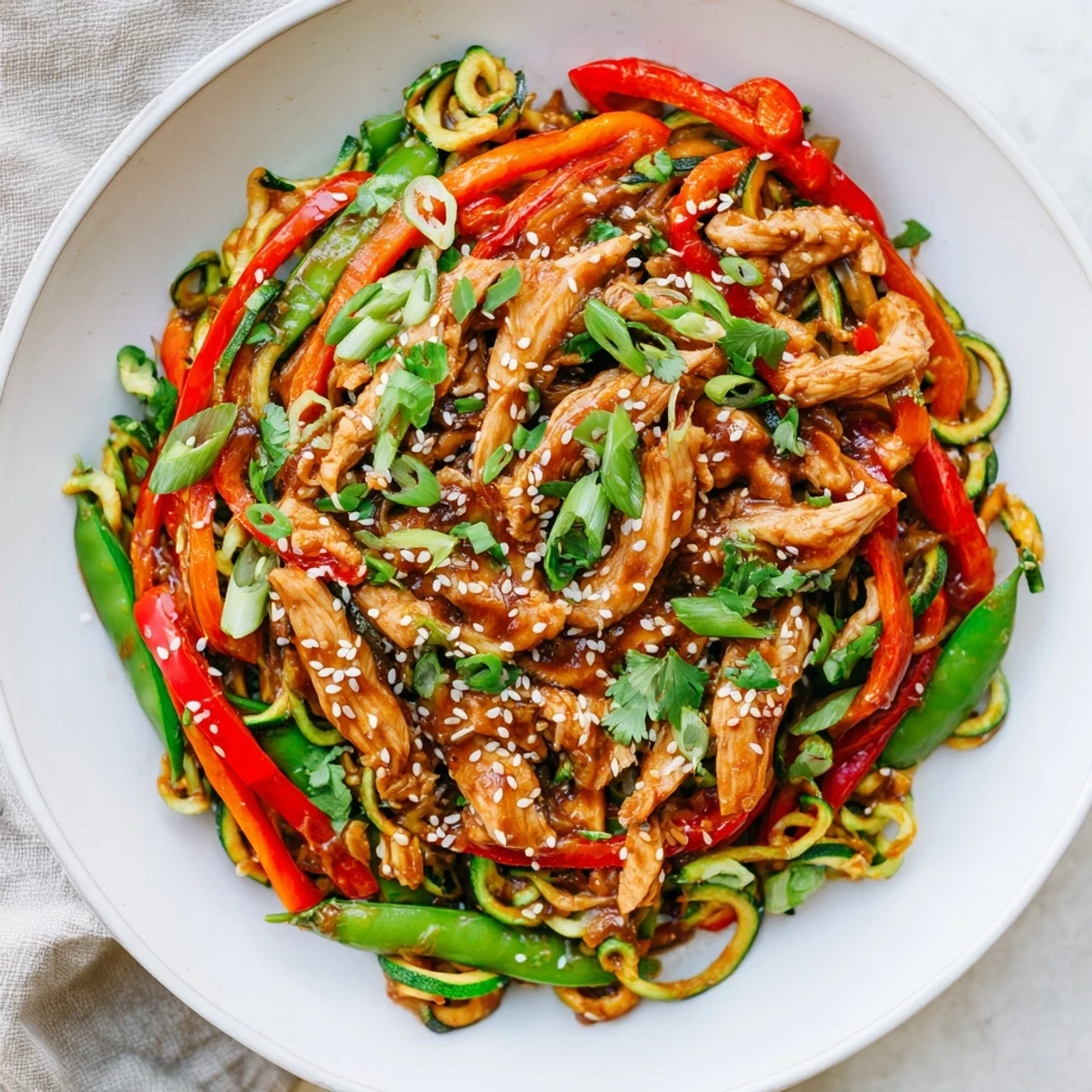 Garlic Chicken Zucchini Noodles Stir Fry garnished with sesame seeds and fresh herbs, served alongside steamed rice.