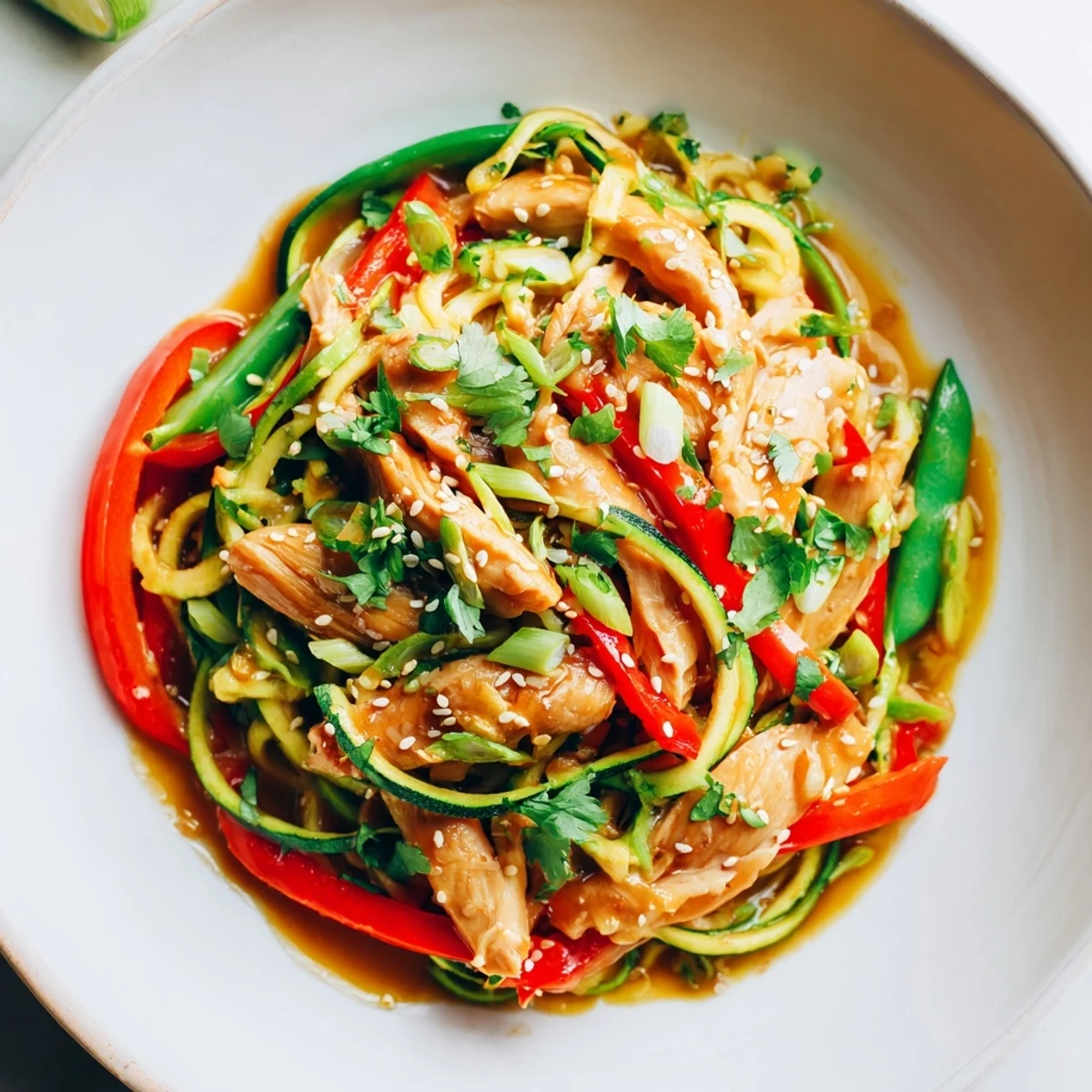 Close-up of Garlic Chicken Zucchini Noodles Stir Fry with vibrant red bell peppers and snap peas on a plate.