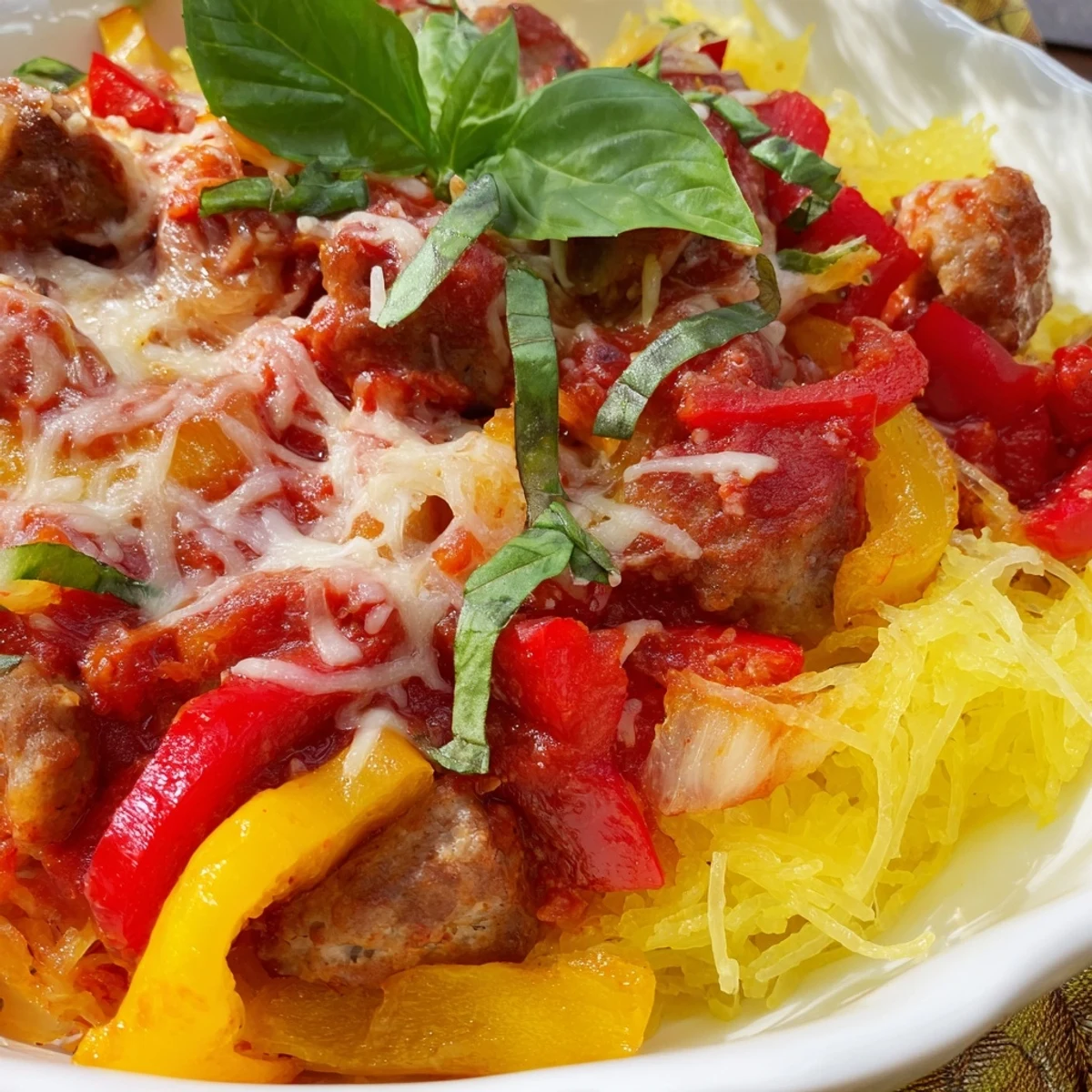 Golden bubbly mozzarella melts over a hearty Sausage and Peppers Spaghetti Squash Casserole fresh from the oven, with colorful roasted peppers peeking through.