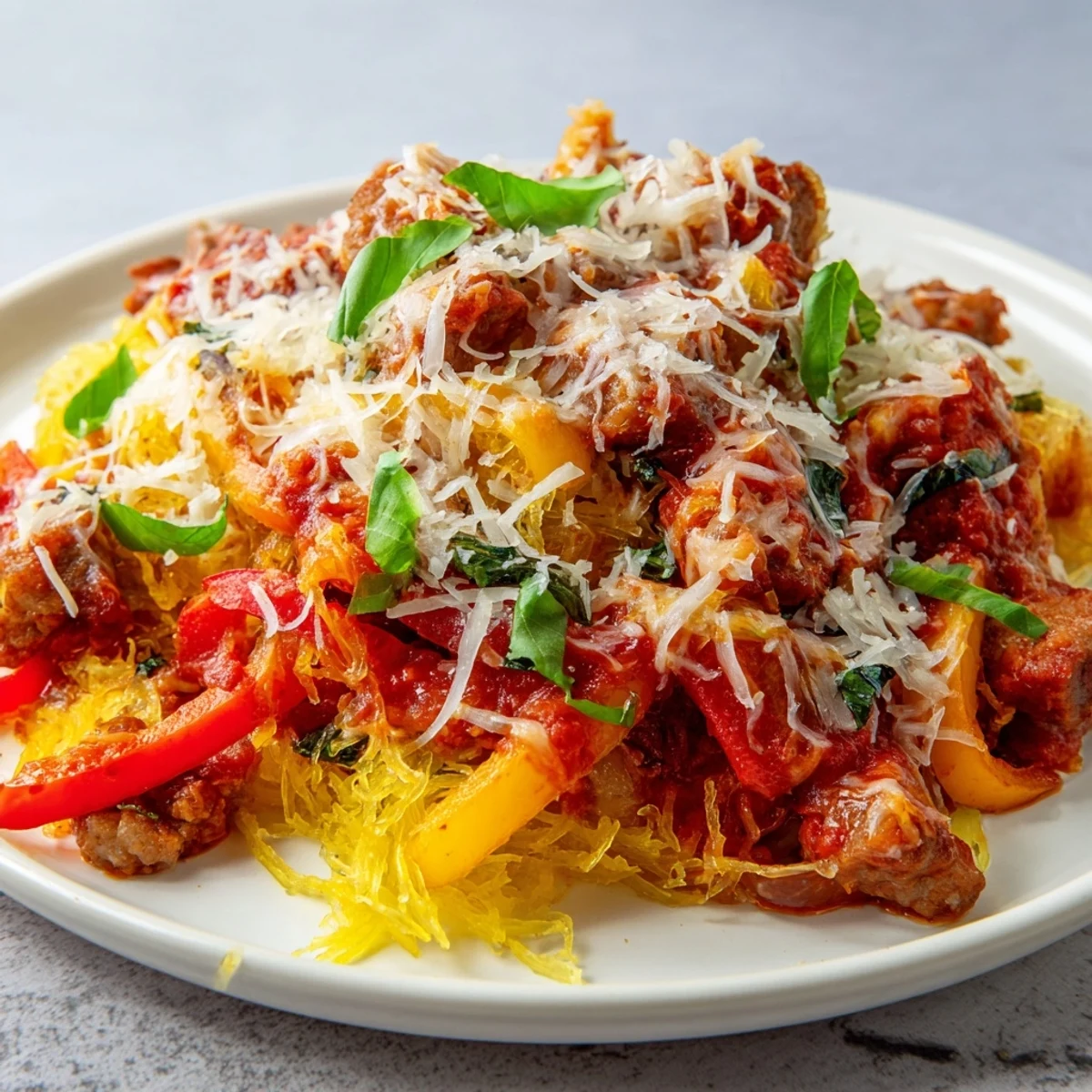 A freshly baked Sausage and Peppers Spaghetti Squash Casserole garnished with bright basil, served in a white dish on a rustic wooden table.