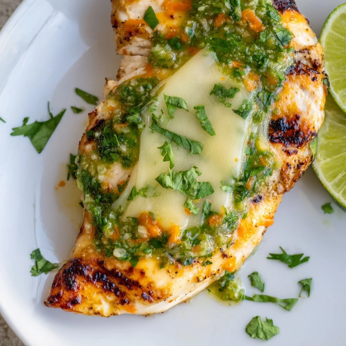 Grilled Salsa Verde Pepper Jack Chicken breasts topped with melted cheese and fresh cilantro on a rustic plate.