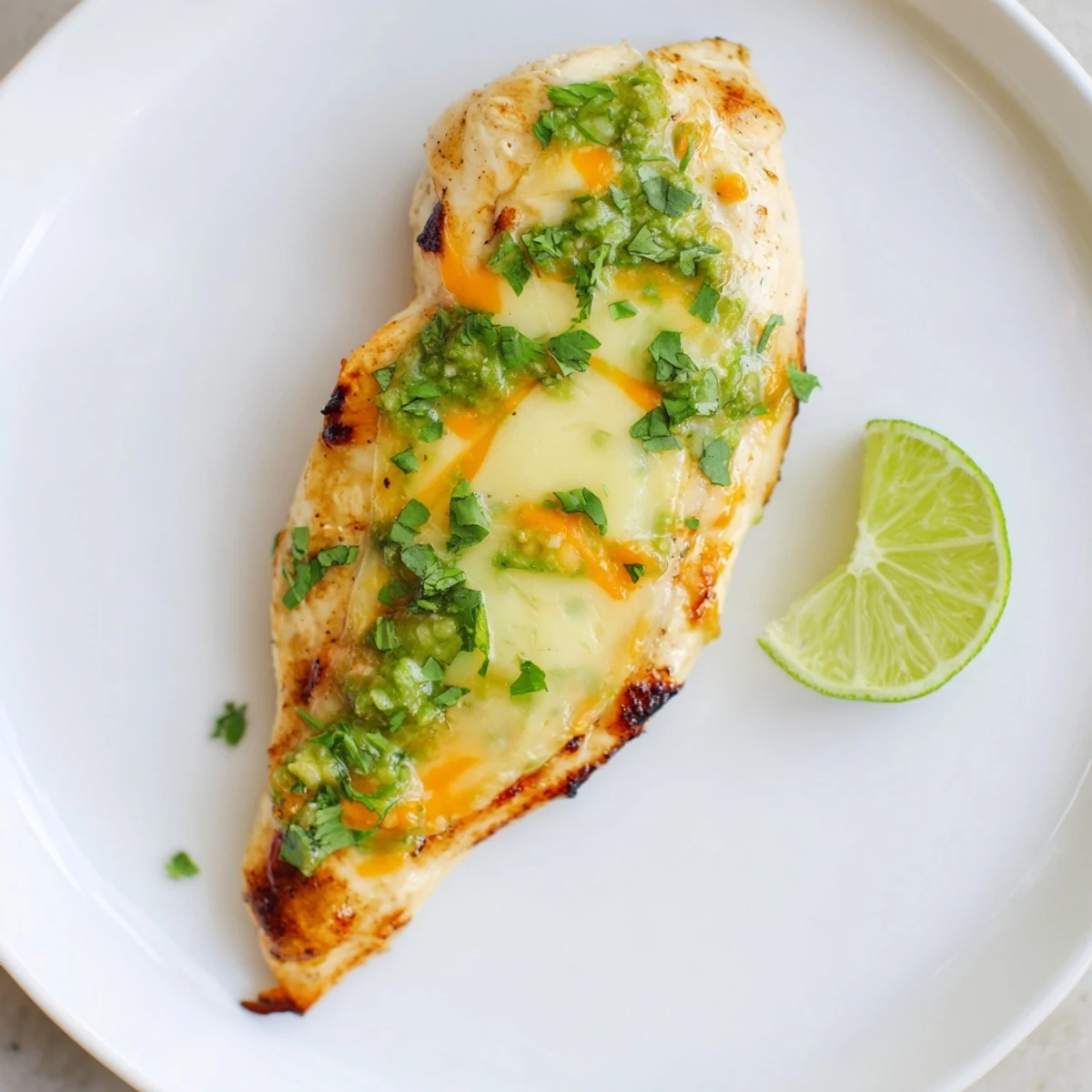Sizzling Grilled Salsa Verde Pepper Jack Chicken fresh off the grill with salsa verde and pepper jack cheese.