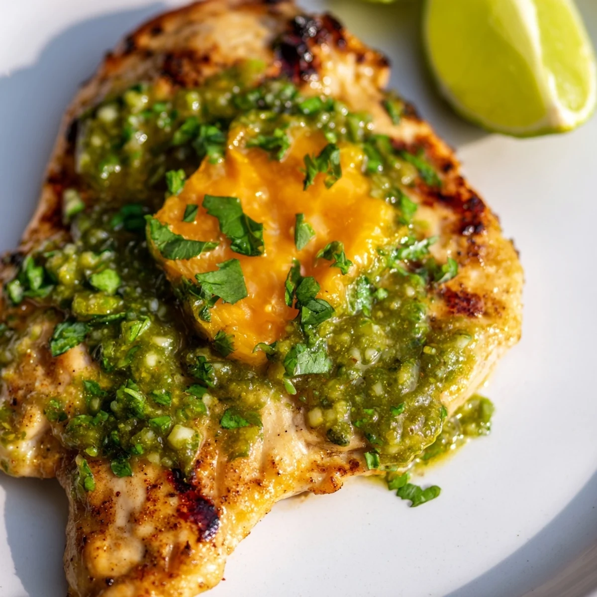 Juicy Grilled Salsa Verde Pepper Jack Chicken served with lime wedges and diced avocado for a summer meal.