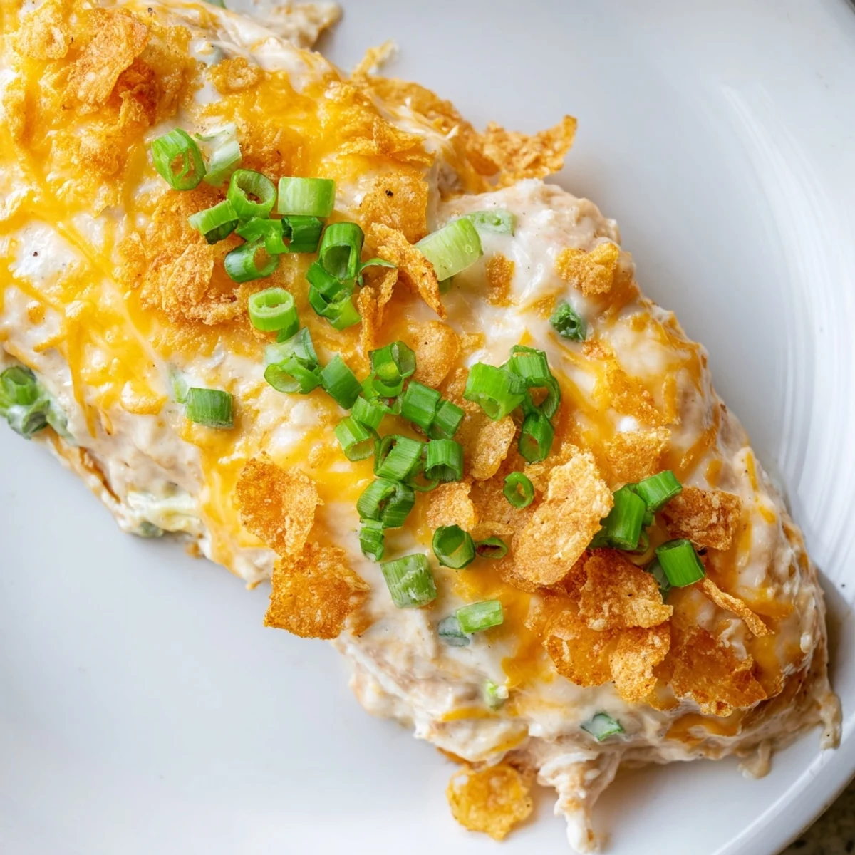Golden-baked chicken breasts smothered in a creamy sour cream and onion sauce, topped with melted cheddar and fresh green onions for a comforting dinner.