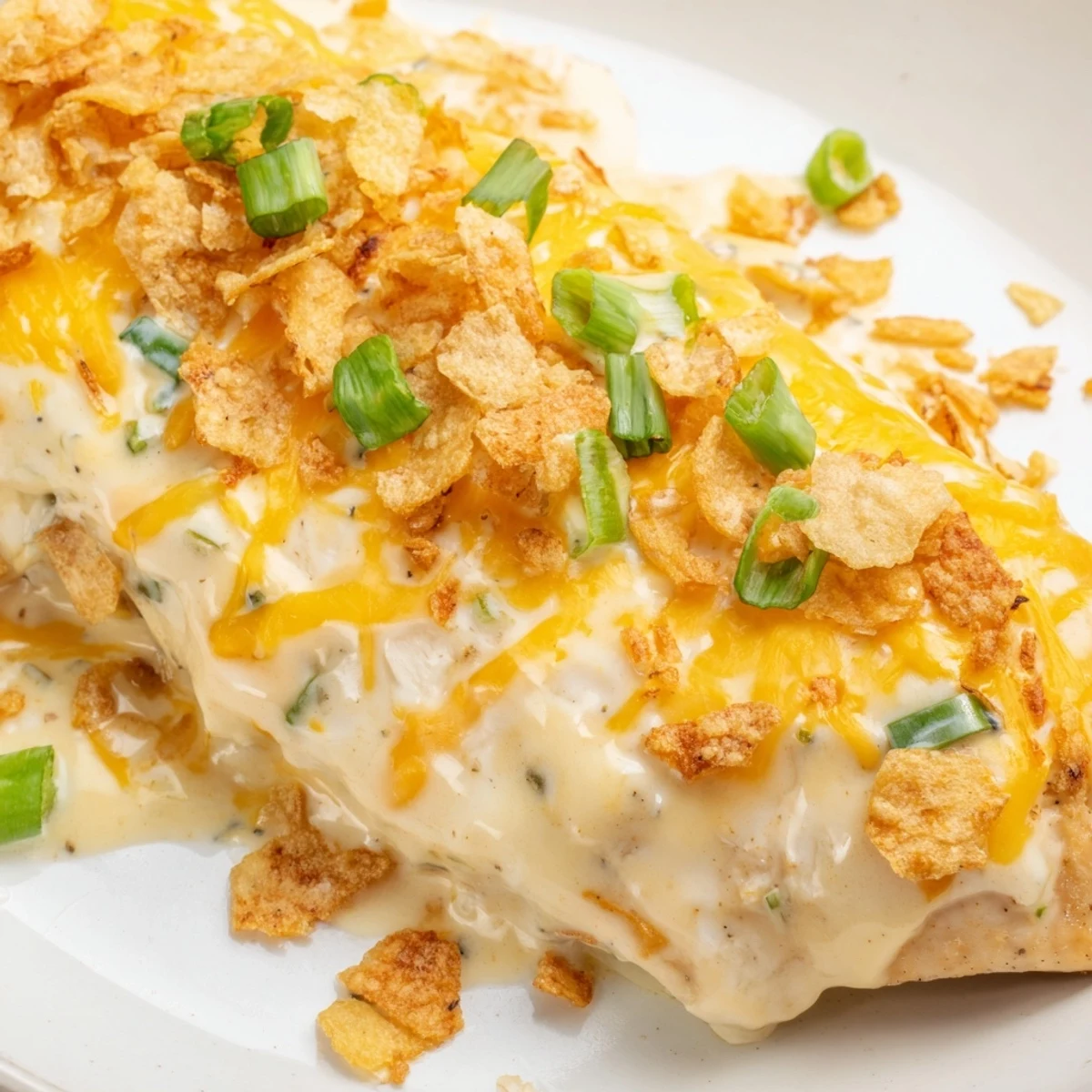 Tender, juicy chicken breasts coated in a rich sour cream and onion glaze, garnished with chopped green onions for a fresh finish on this easy weeknight recipe.