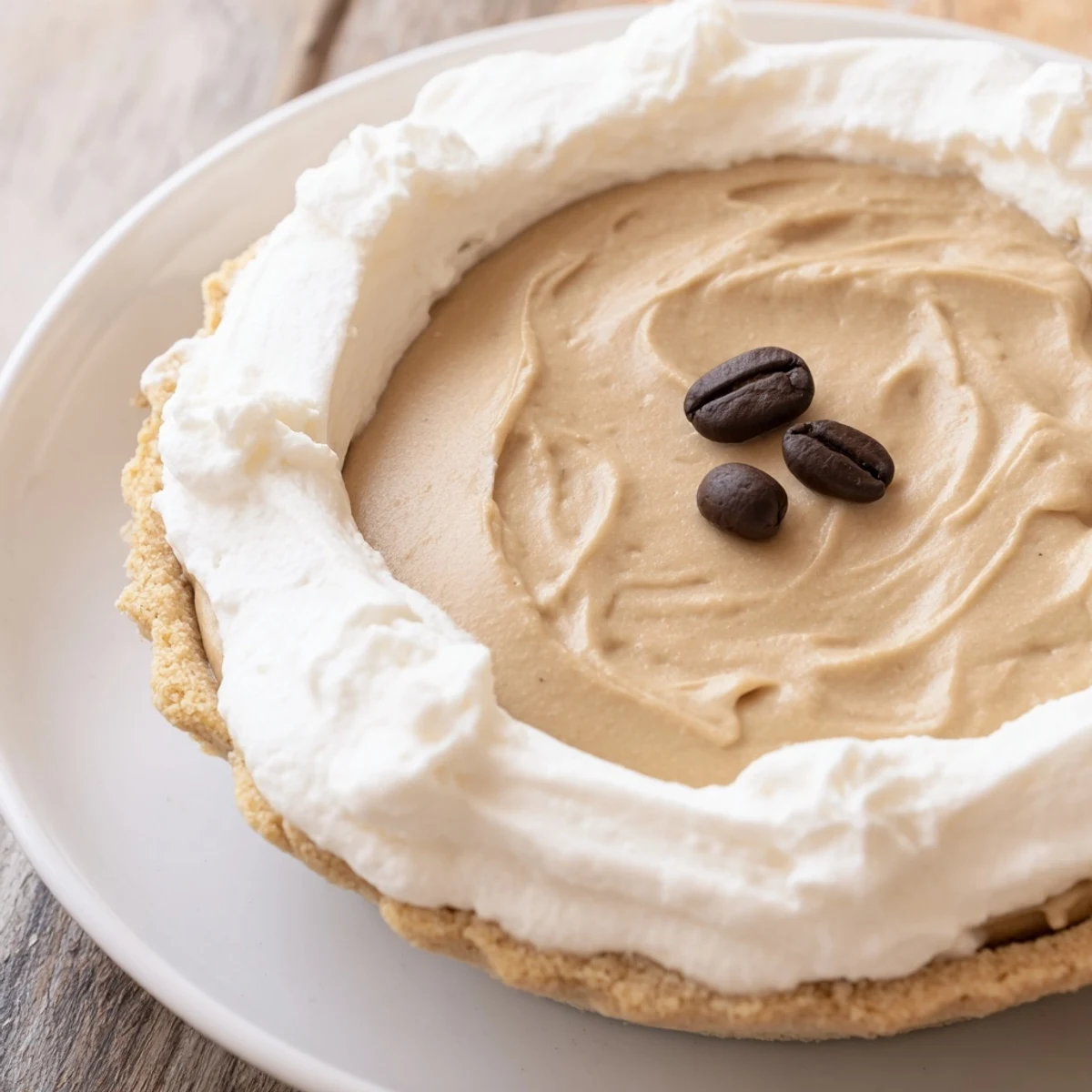 Creamy keto cold brew coffee pie slice on a white plate, topped with fluffy whipped cream and a dusting of cocoa powder.