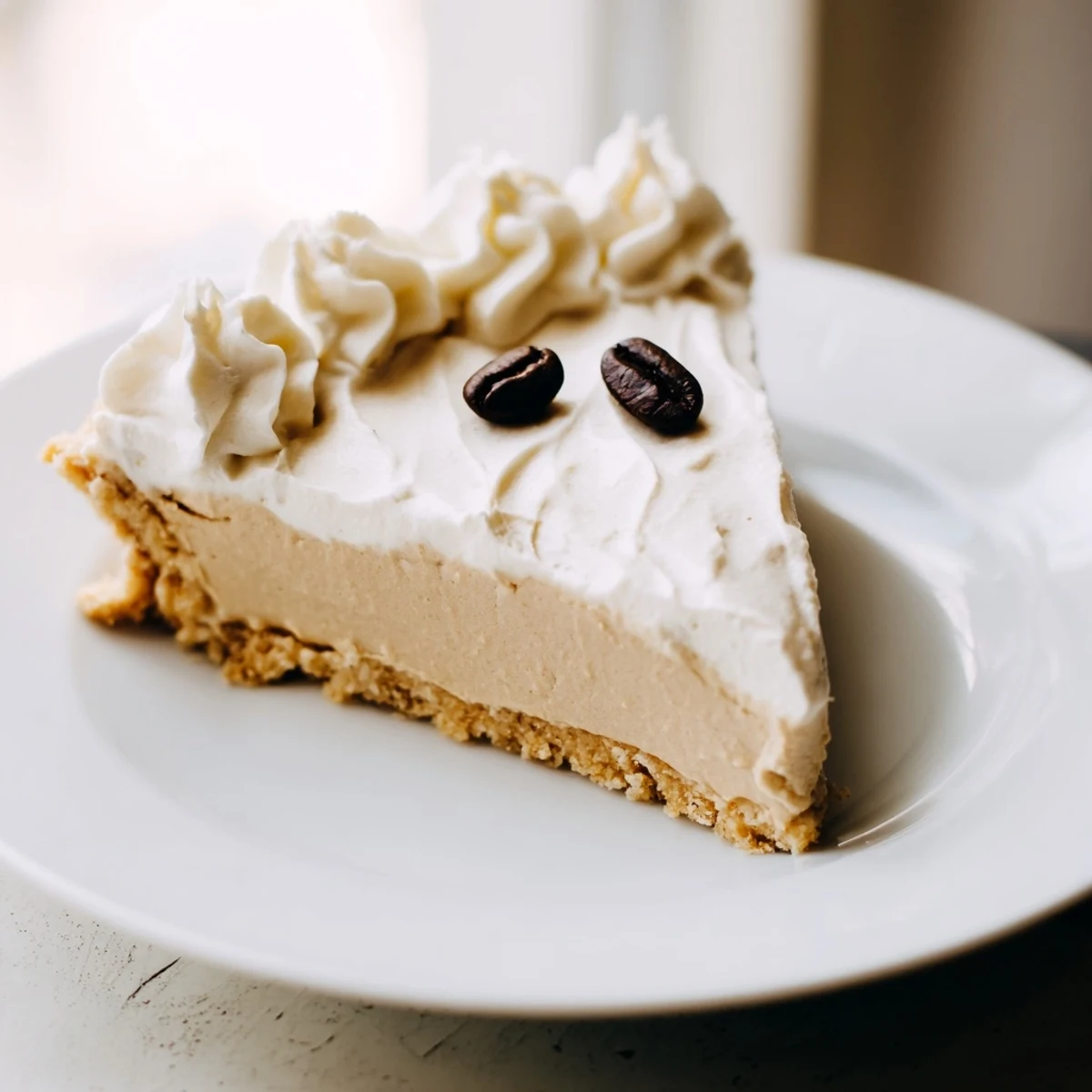 A chilled keto cold brew coffee pie in an almond flour crust, showing smooth filling and optional coffee bean garnish.