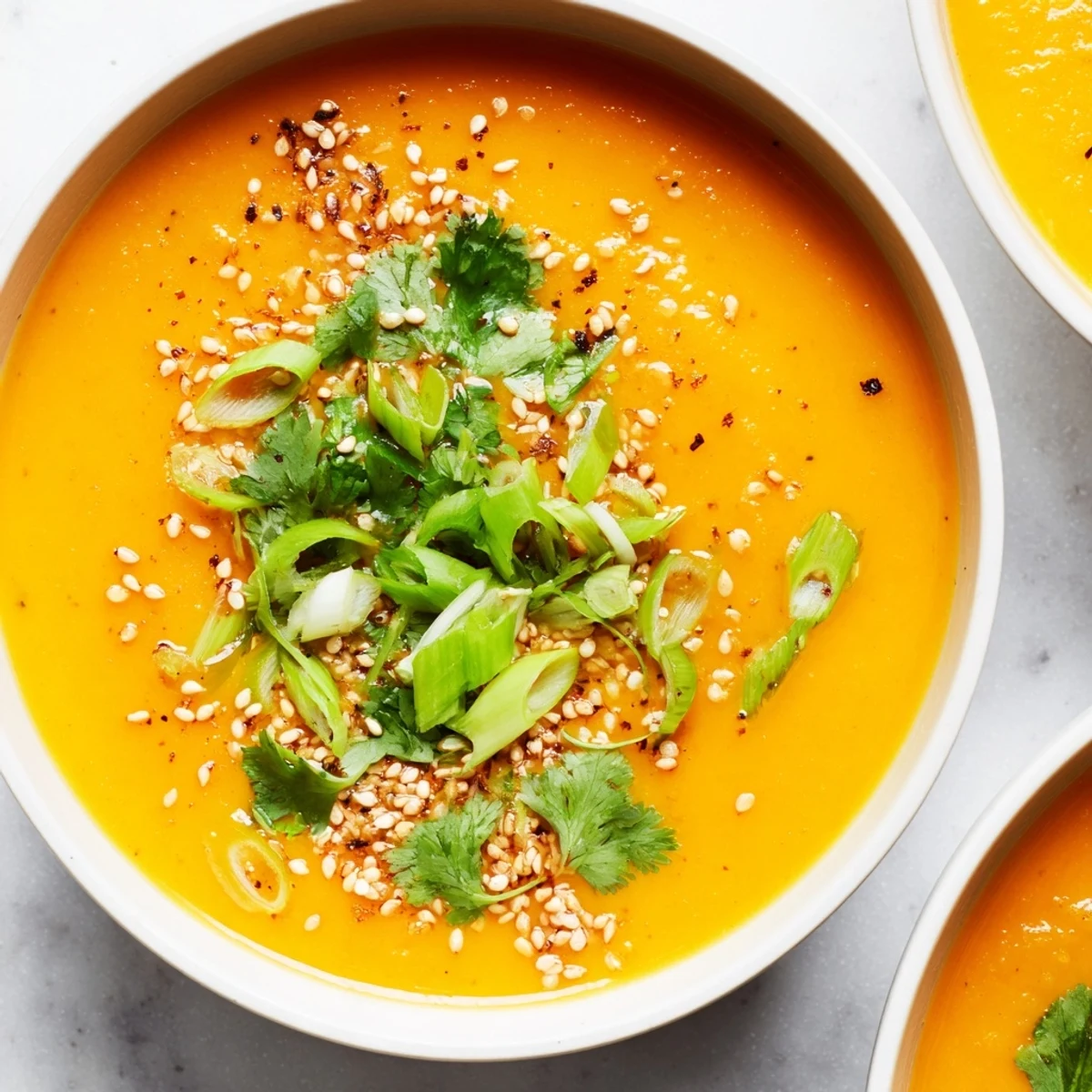 Creamy orange Spicy Miso Carrot Soup served steaming in a rustic bowl, topped with fresh cilantro and sesame seeds.  