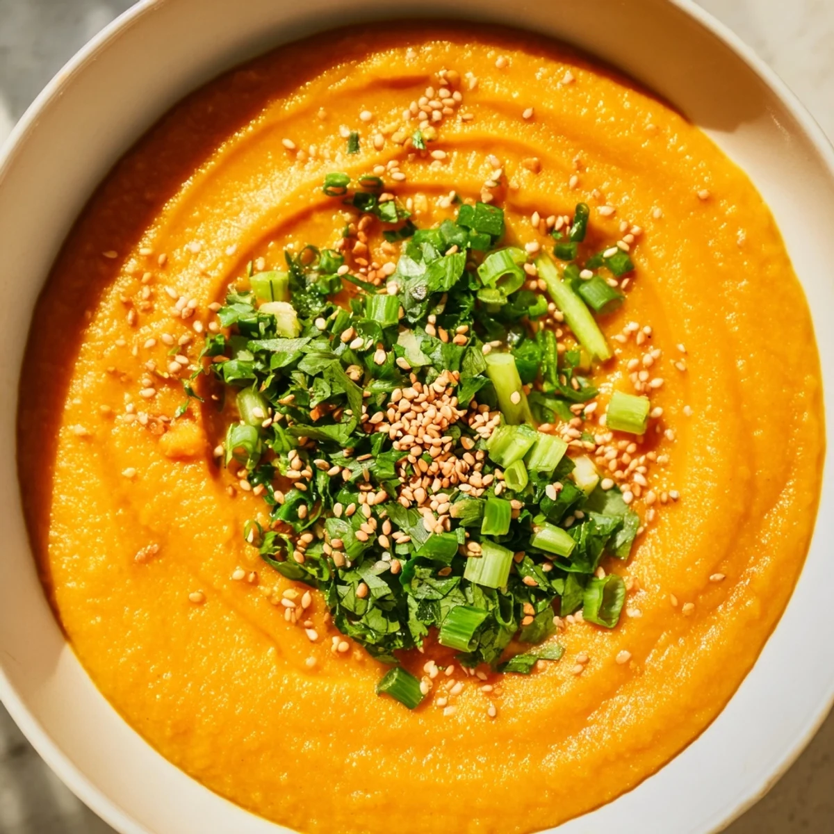 Golden smooth Spicy Miso Carrot Soup ladled into a ceramic mug, showing the rich texture and lime garnish.