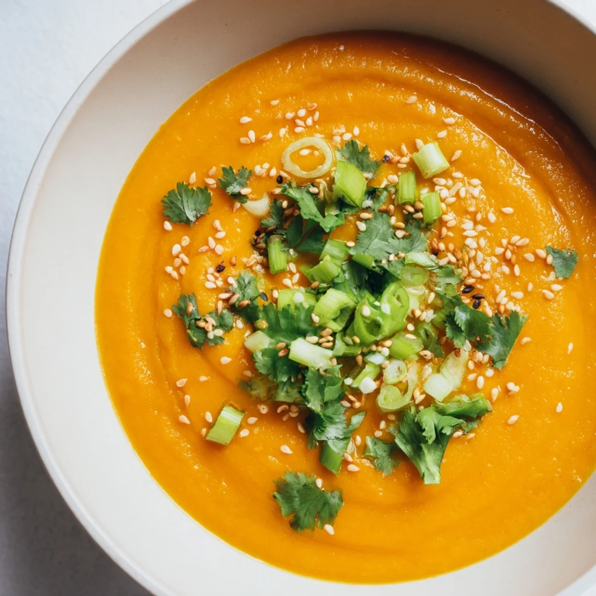 A vibrant bowl of Spicy Miso Carrot Soup garnished with scallions, ready to enjoy with crusty bread on the side.  