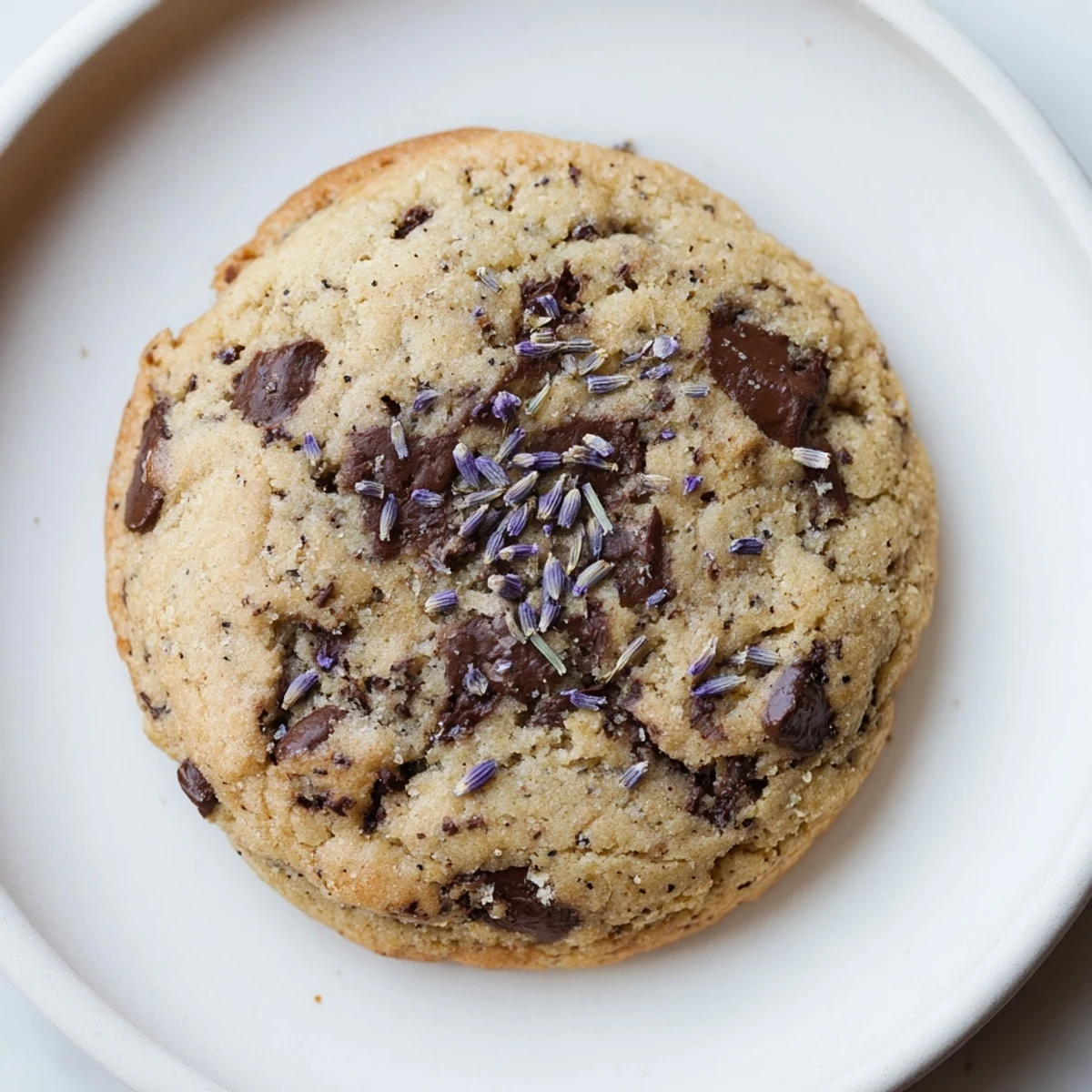 Golden-brown lavender chocolate chip cookies with melty chocolate pools on a rustic wooden board.