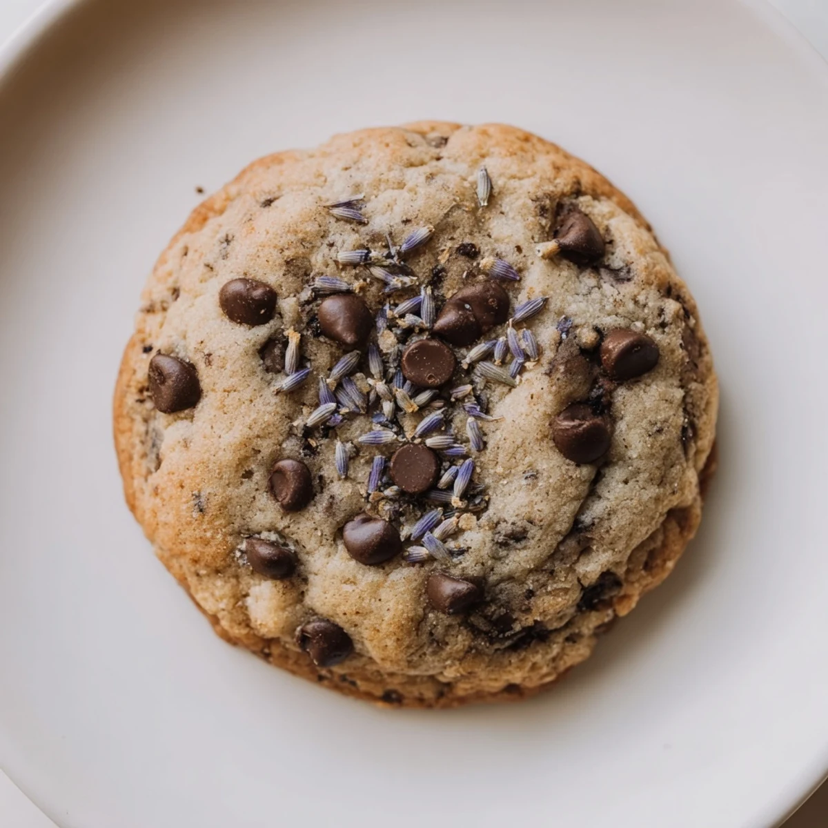 Delicate lavender chocolate chip cookies beside a steaming cup of Earl Grey tea.