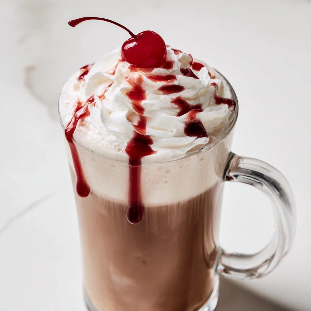 Creamy vanilla espresso topped with frothy milk and a swirl of sweet cherry syrup for a vibrant latte.