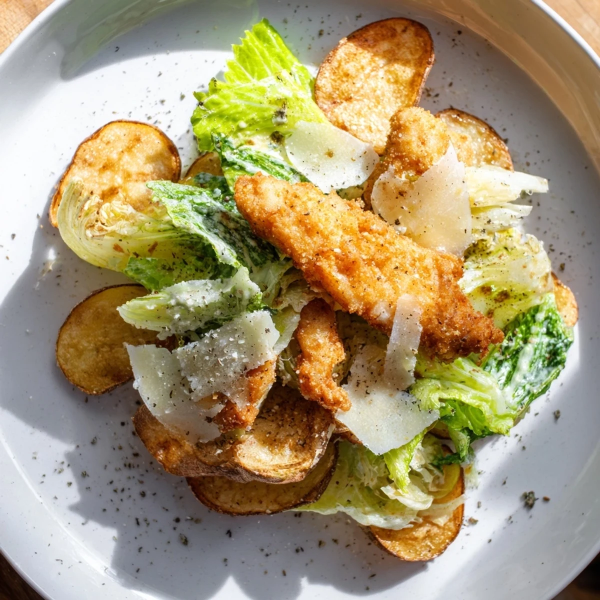 Golden-baked potato chips topped with crispy chicken strips, shredded romaine lettuce, parmesan shavings, and Caesar dressing in Crispy Chicken Caesar Salad Chips.