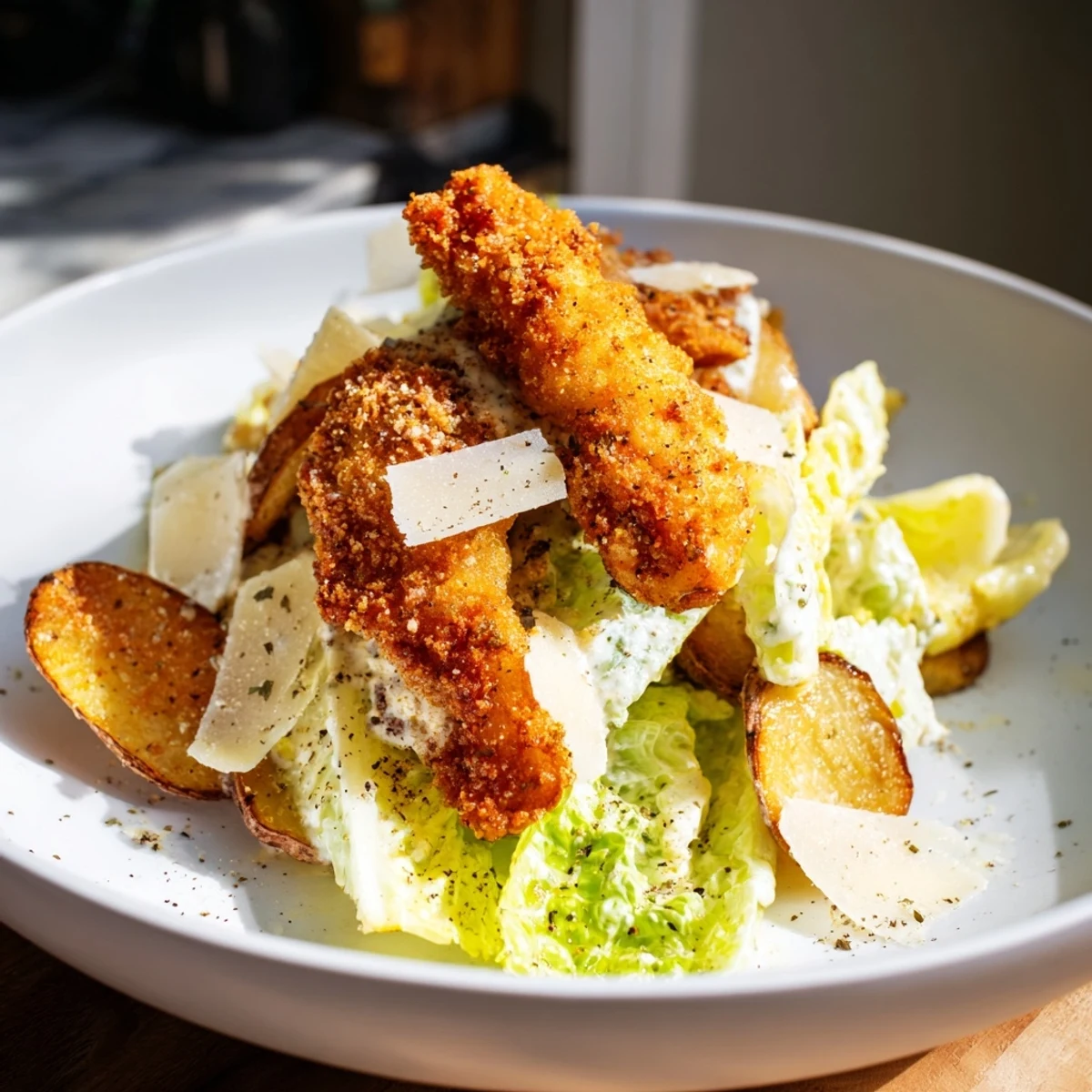 Crispy Chicken Caesar Salad Chips arranged on a platter with fresh lemon wedges, featuring crunchy potato chips and bite-sized breaded chicken pieces.