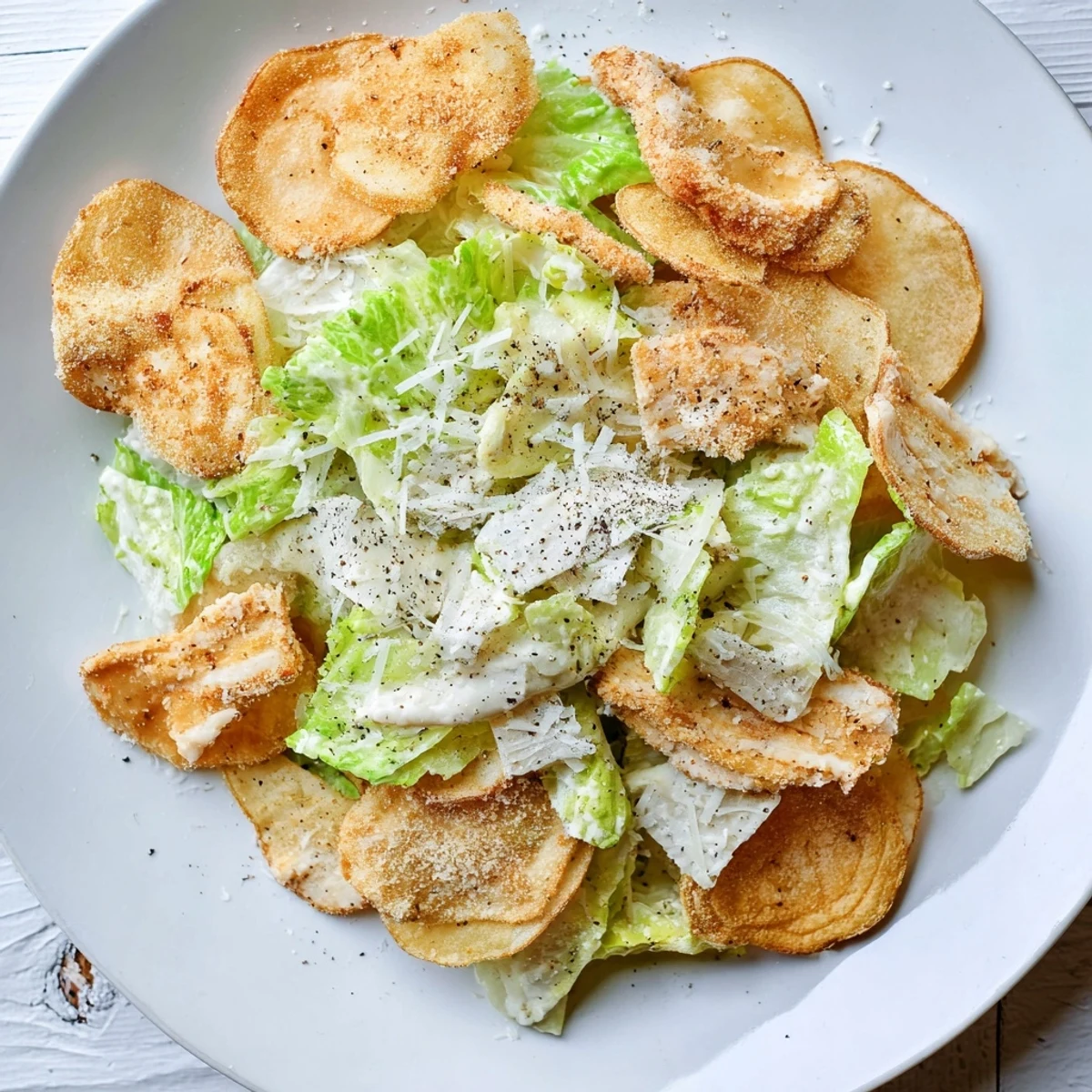 A close-up of Crispy Chicken Caesar Salad Chips showing golden potato chip bases, dressed greens, and savory crispy chicken for a delicious appetizer.