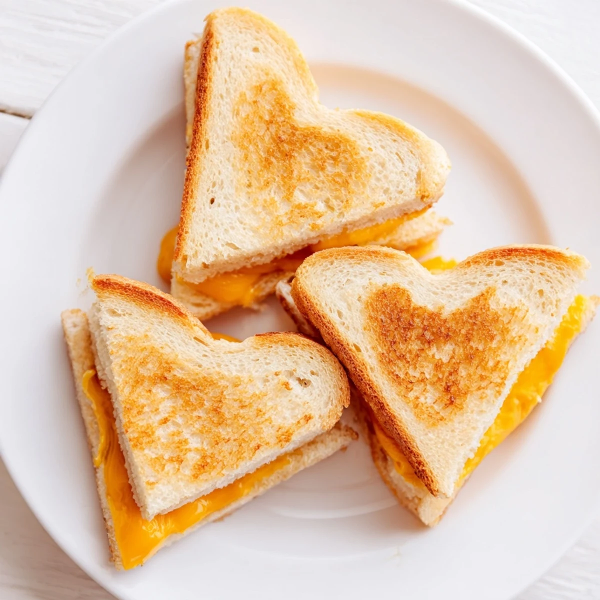 Golden brown Mini Grilled Cheese Hearts with melted cheddar, served warm on a plate.