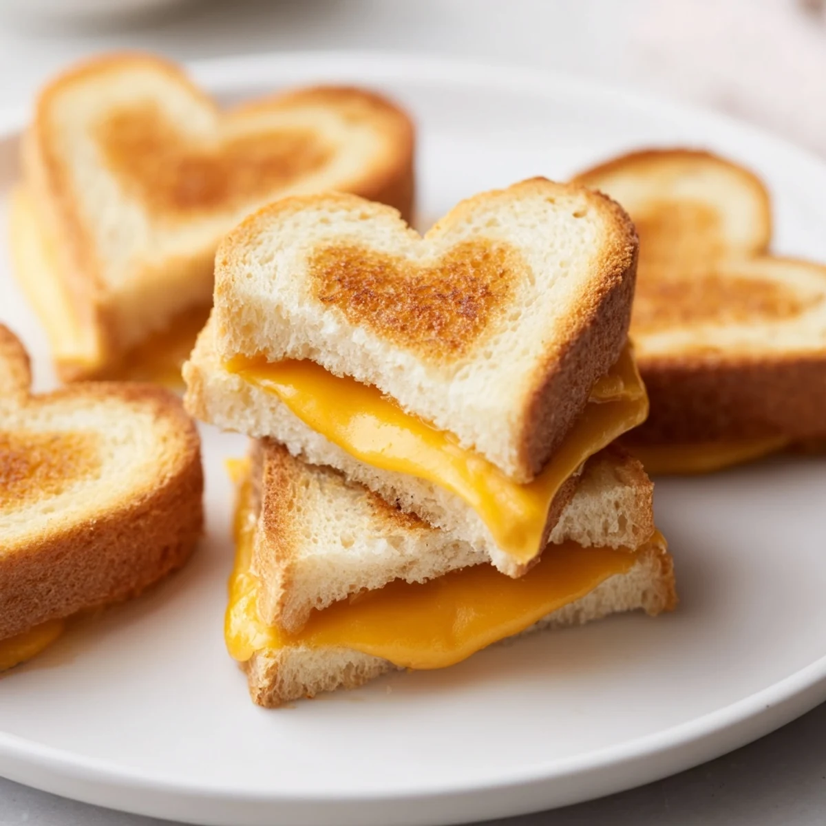 Crispy Mini Grilled Cheese Hearts in heart shapes sit on a cutting board ready to serve.