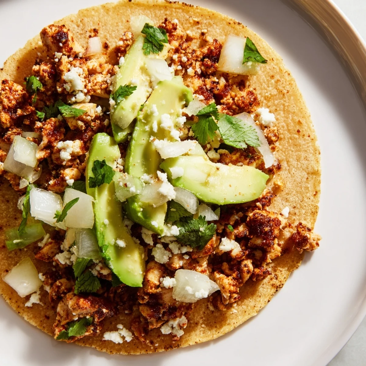 A close-up of Chicken Street Tacos showcases juicy chicken thighs, lime wedges, and crumbled cotija cheese, ready to be drizzled with vibrant red salsa.