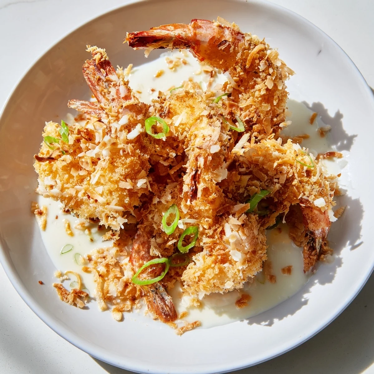 A close-up of golden Chinese Coconut Shrimp plated with jasmine rice and lemon wedges for a bright, tangy finish.