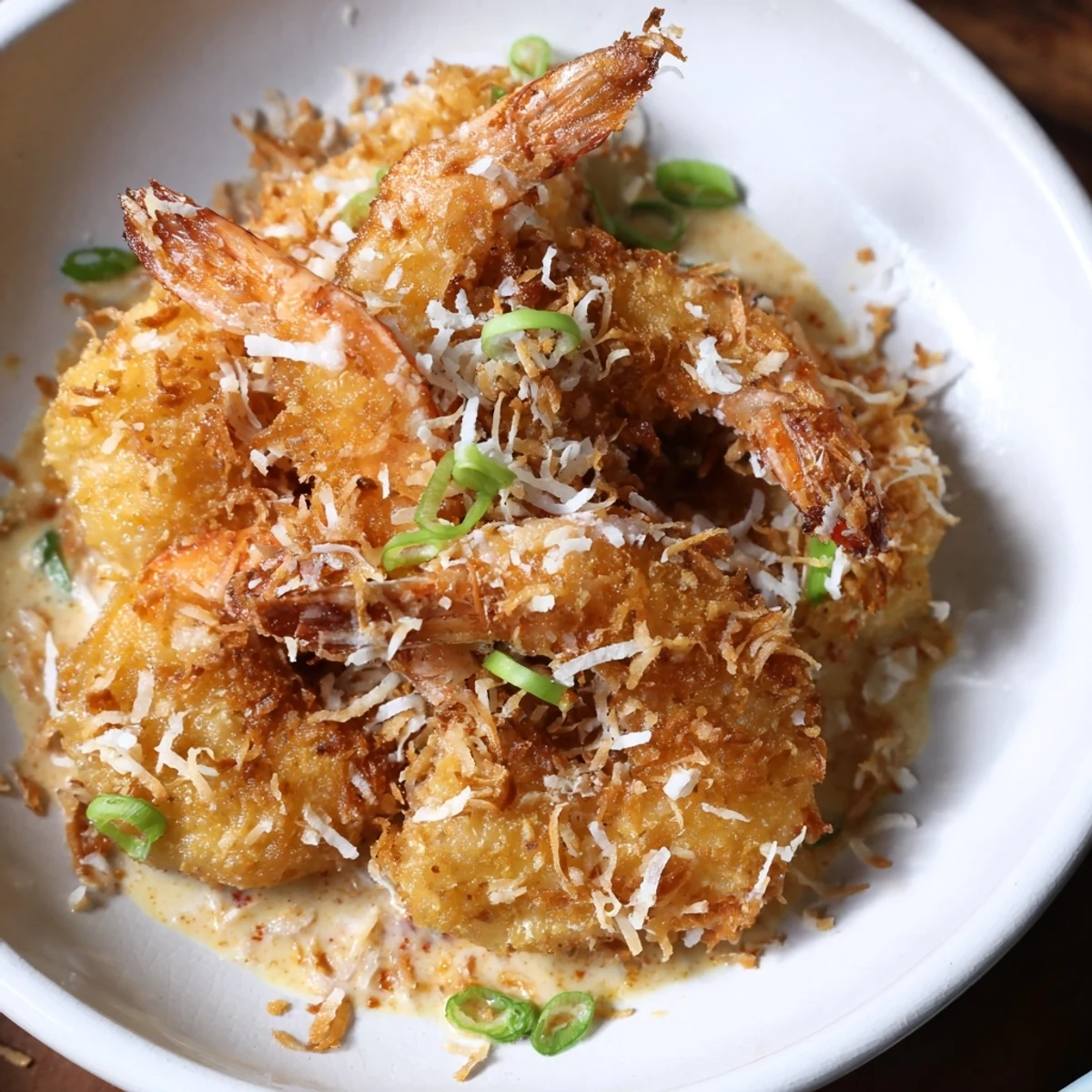Crispy battered Chinese Coconut Shrimp glistening in a creamy white sauce, garnished with toasted coconut and green onions.