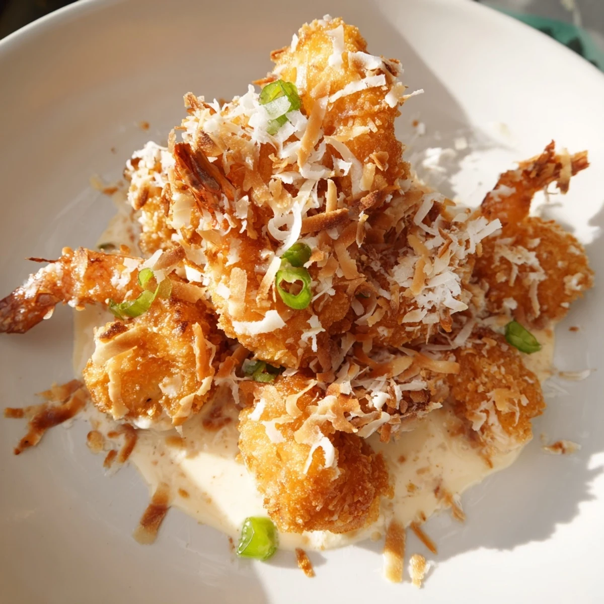 Steam rising from saucy Chinese Coconut Shrimp served family-style, showcasing the crispy texture and rich coconut glaze.