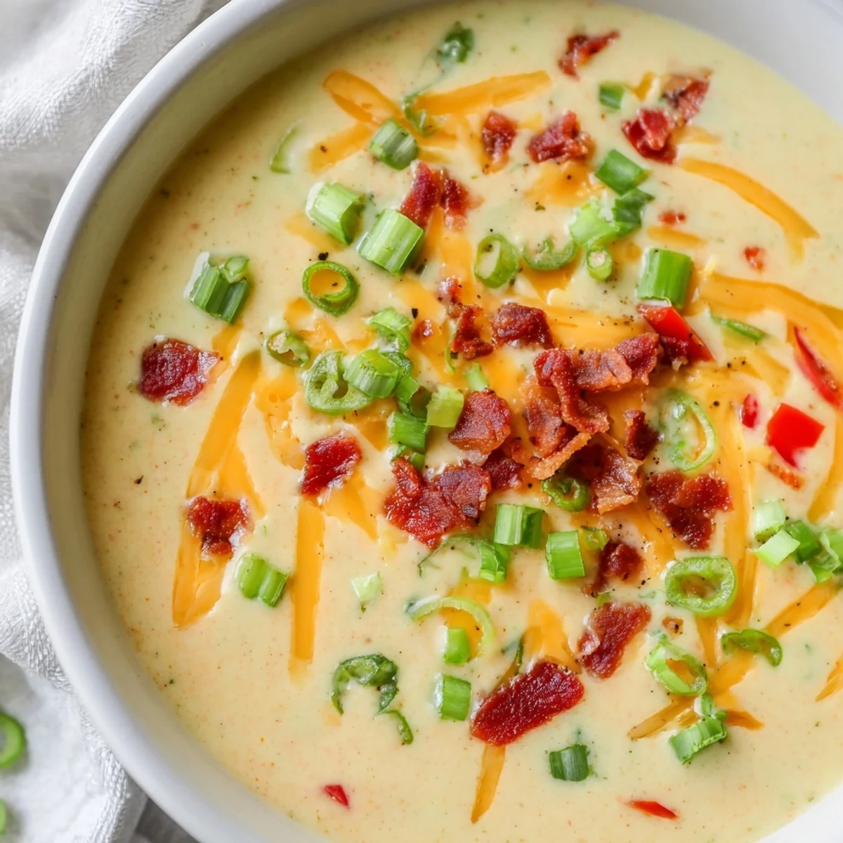 Close-up photo of rich Spicy Jalapeño Popper Soup With Grilled Cheese Dippers showing melted cheese texture and a rustic bowl presentation.