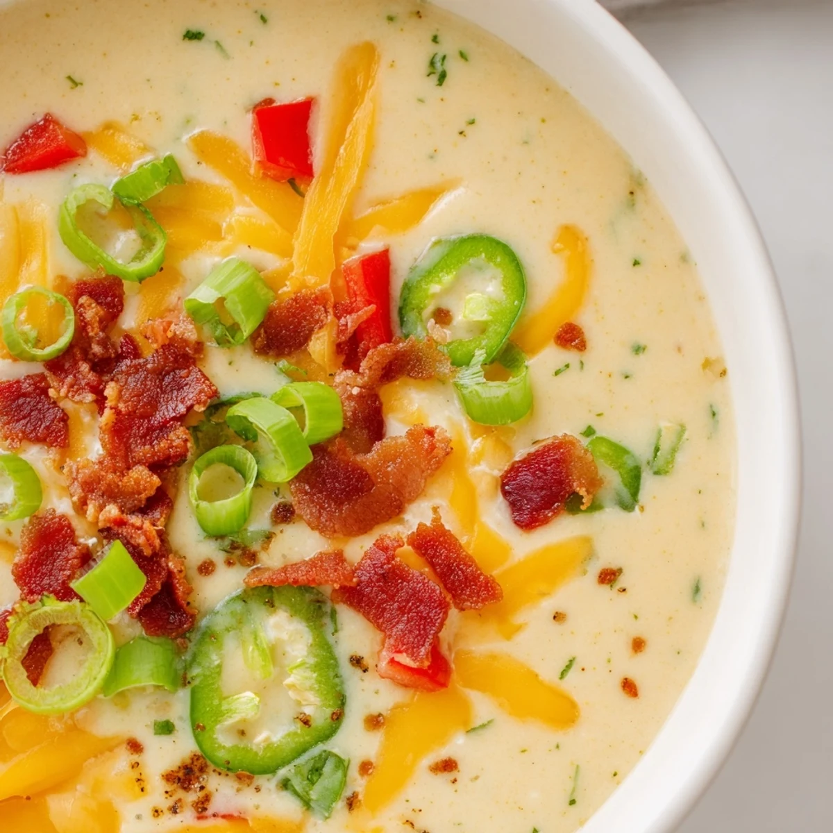A bowl of creamy Spicy Jalapeño Popper Soup With Grilled Cheese Dippers, garnished with green onions and served with golden strips for dipping.