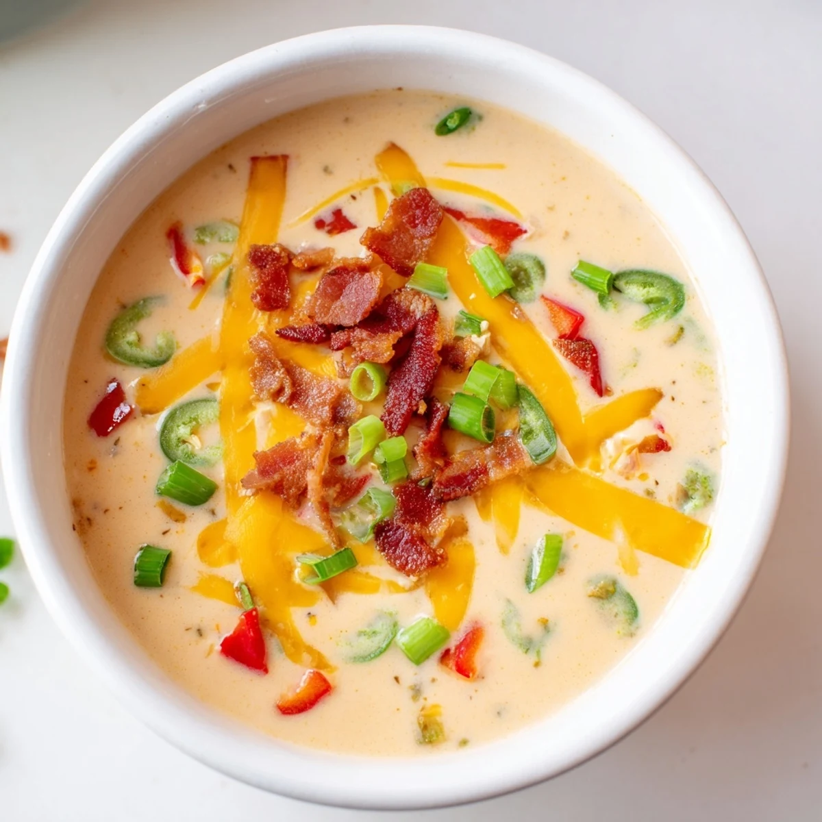 Steaming Spicy Jalapeño Popper Soup With Grilled Cheese Dippers, highlighting the vibrant peppers and crispy grilled cheese strips on the side.