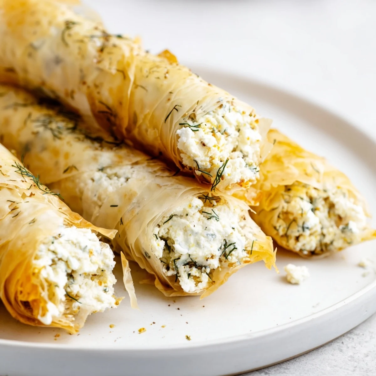 Golden, crisp Oven Fried Feta Rolls with chili honey drizzle on a marble board with fresh herbs.