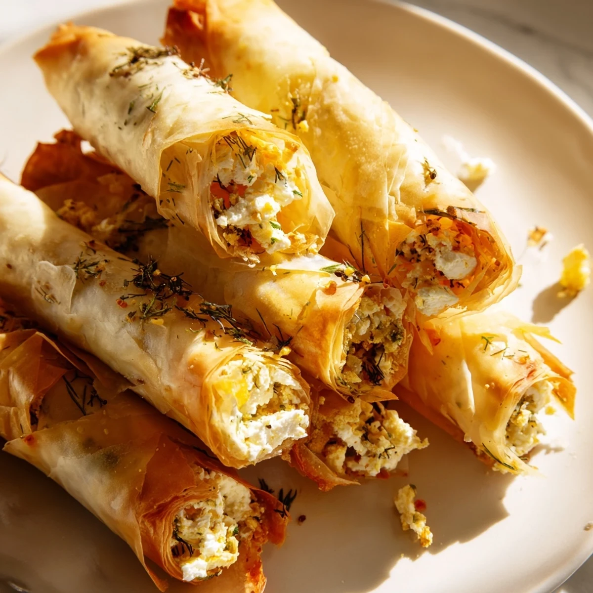 Pulled from the oven, these flaky Oven Fried Feta Rolls glisten with warm chili honey beside lemon wedges.