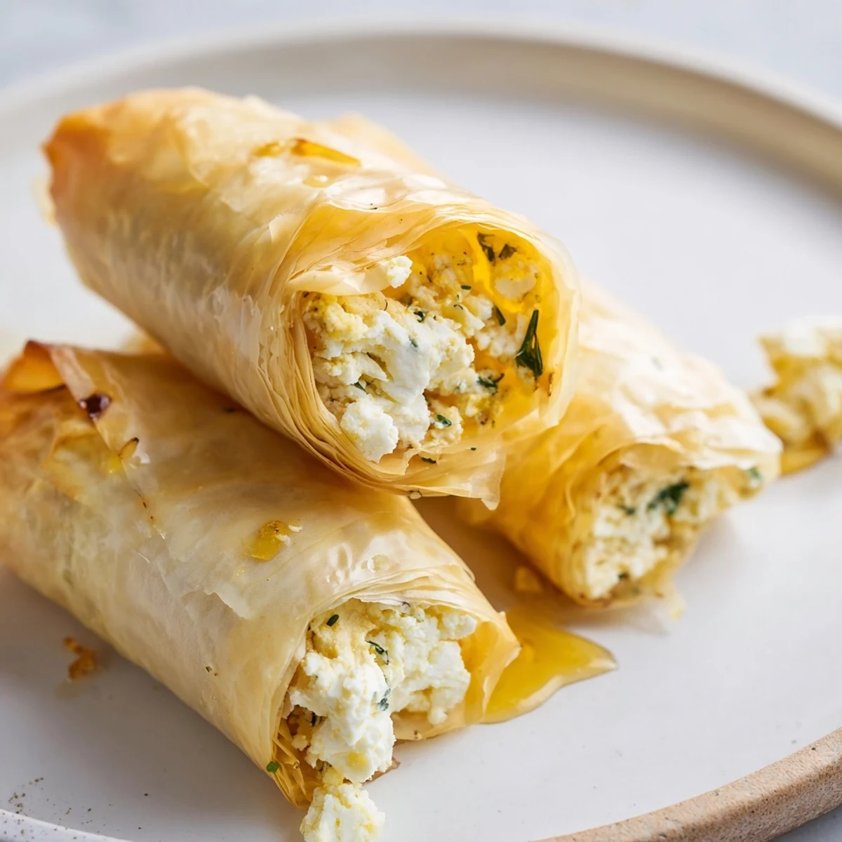 Rustic platter of Oven Fried Feta Rolls with chili honey, ready to serve for a Mediterranean appetizer spread.