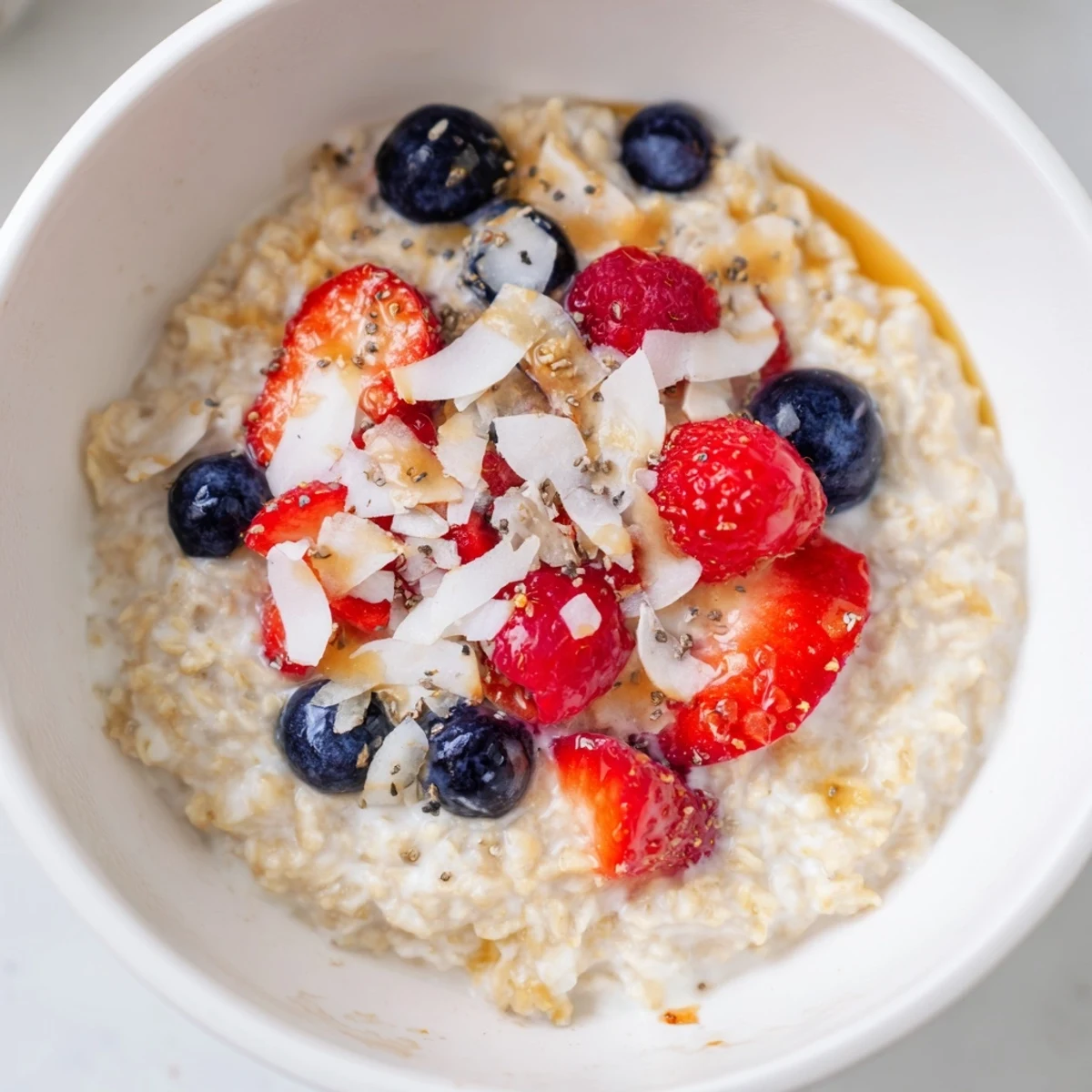 A close-up of Tasty Coconut Cream Oats topped with fresh berries and toasted coconut flakes.
