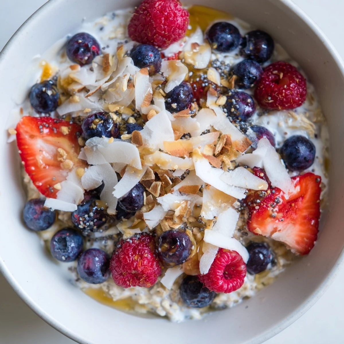 Serve Tasty Coconut Cream Oats in rustic bowls with a maple syrup drizzle and chia seeds.