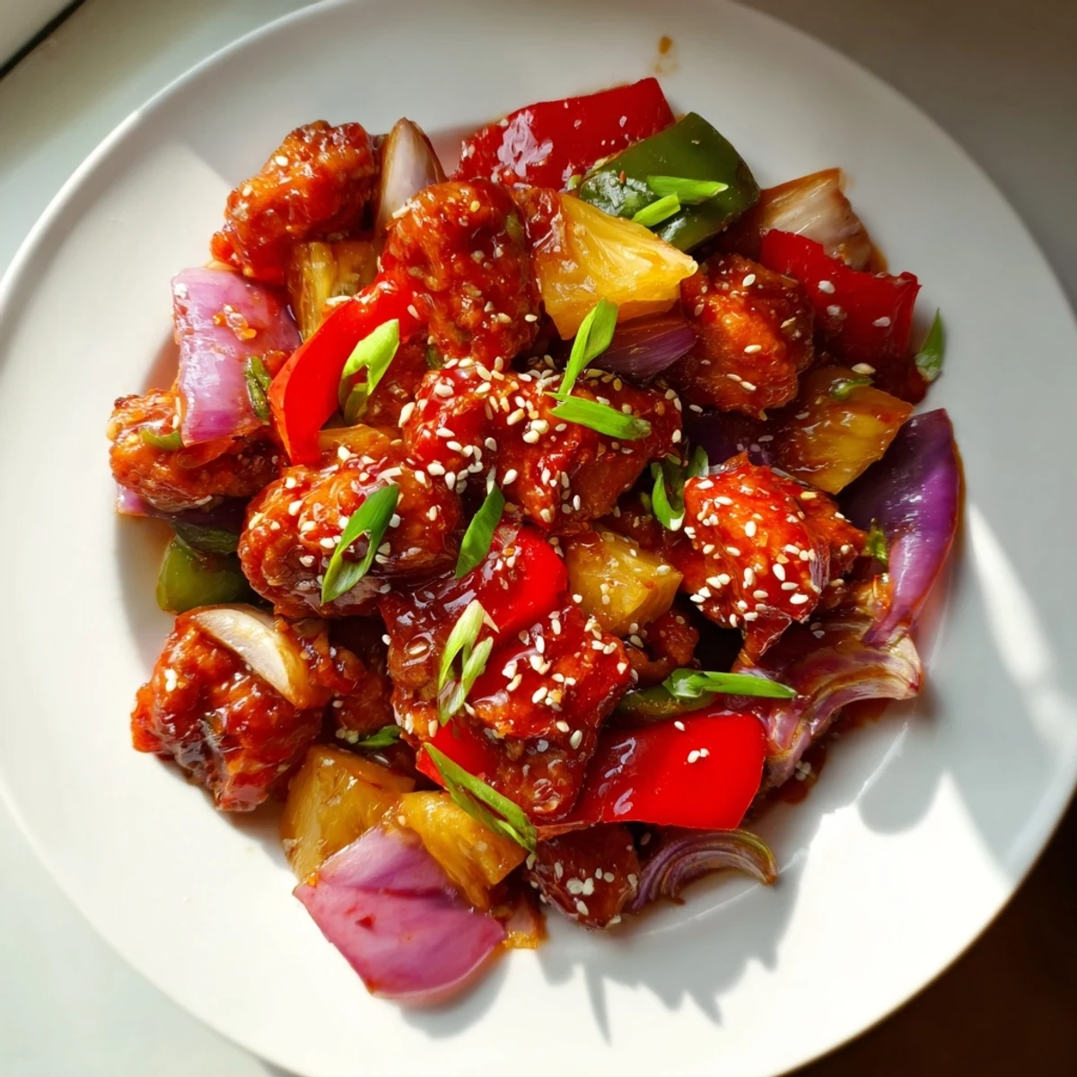 Bright orange pineapple chunks and tender chicken pieces glisten with sweet chili sauce in a white bowl atop jasmine rice, finished with toasted sesame seeds.