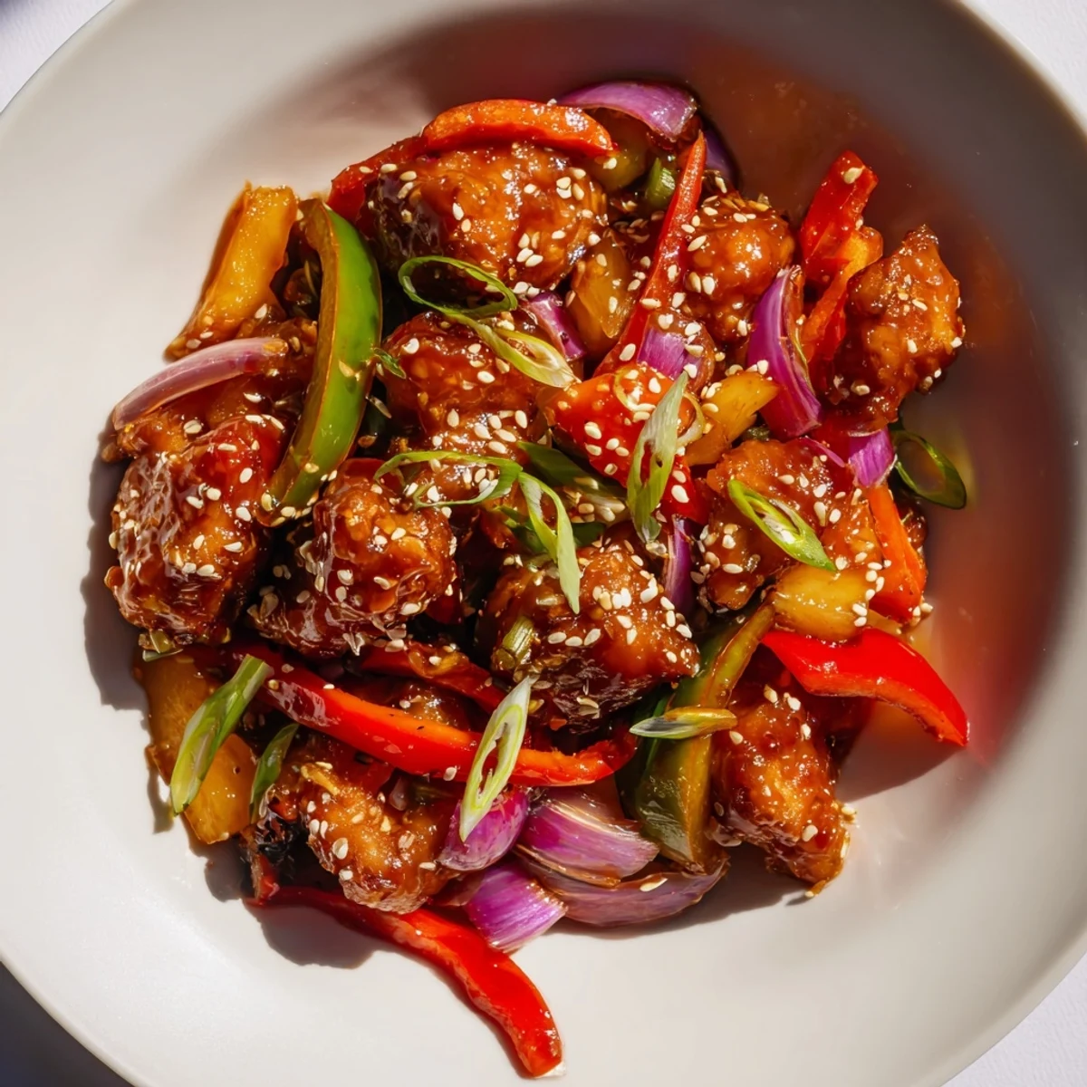 A close-up of glossy, caramelized sauce coating bite-sized chicken and pineapple, garnished with green onions and sesame seeds served over fluffy rice.