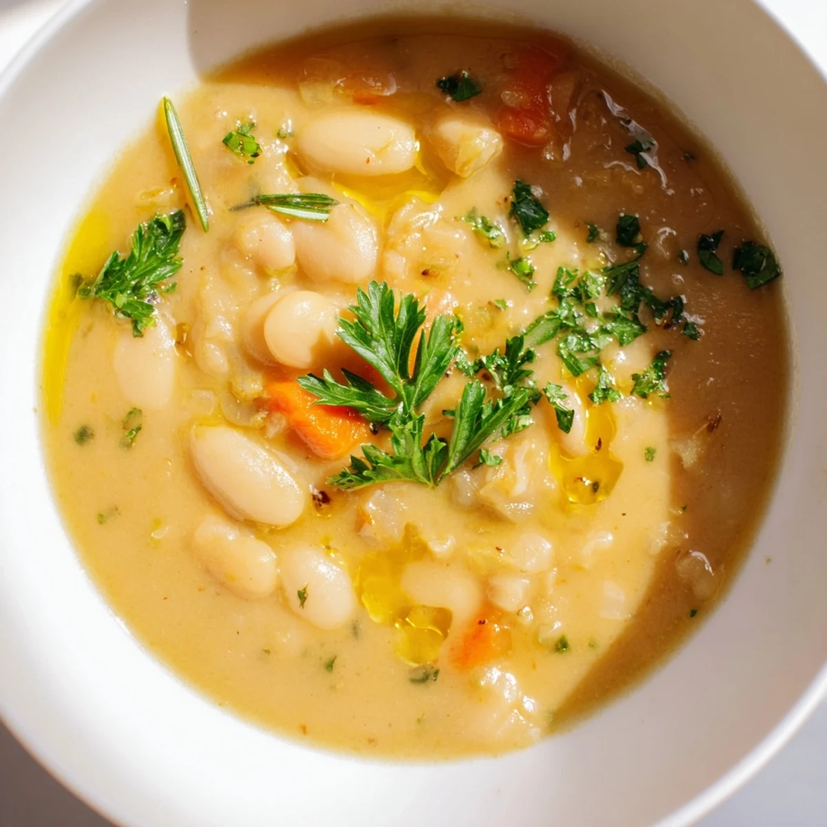 A bowl of Rosemary and Roasted Garlic White Bean Soup next to crusty bread, perfect for a cozy meal