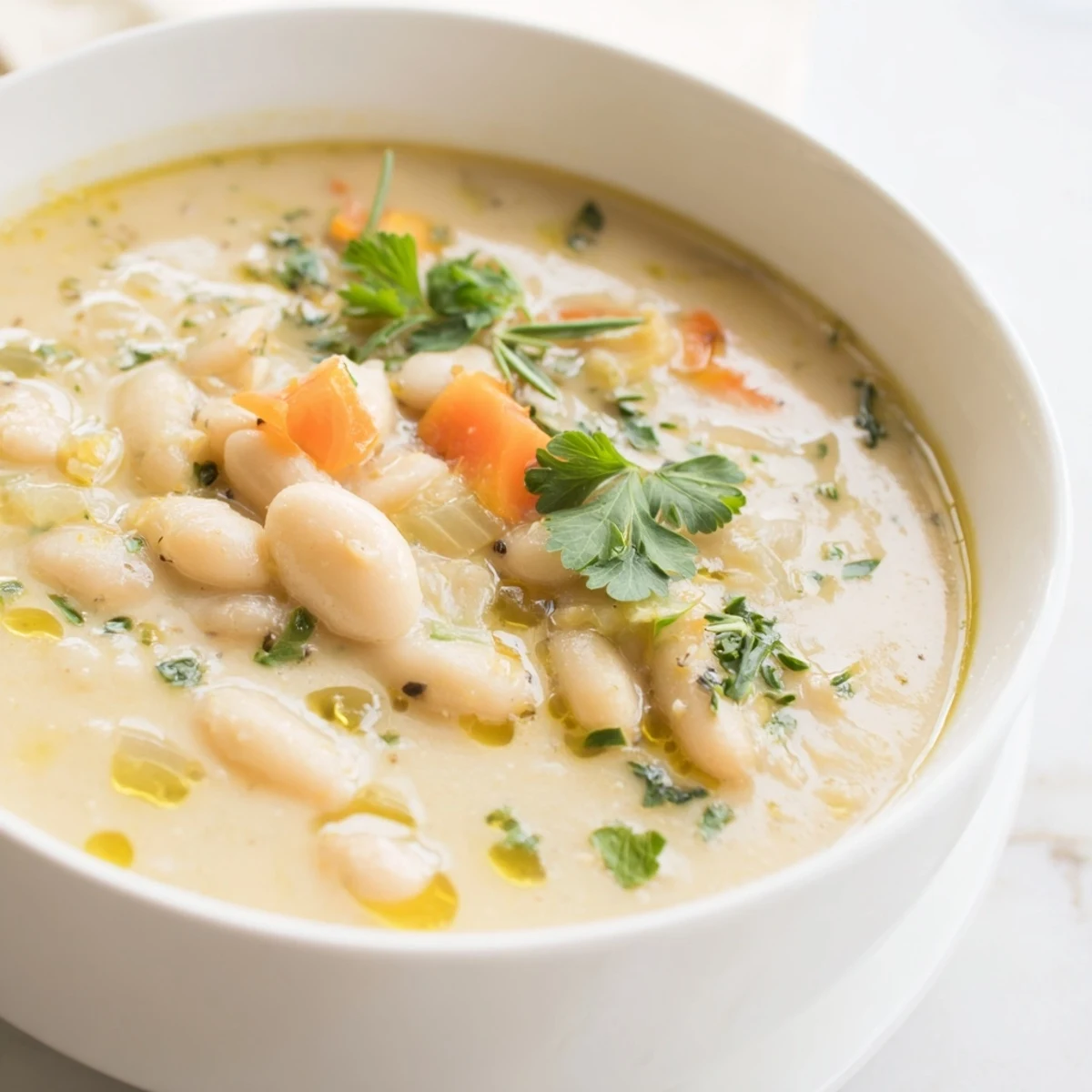 Smooth and hearty Rosemary and Roasted Garlic White Bean Soup topped with fresh herbs, served in a rustic bowl