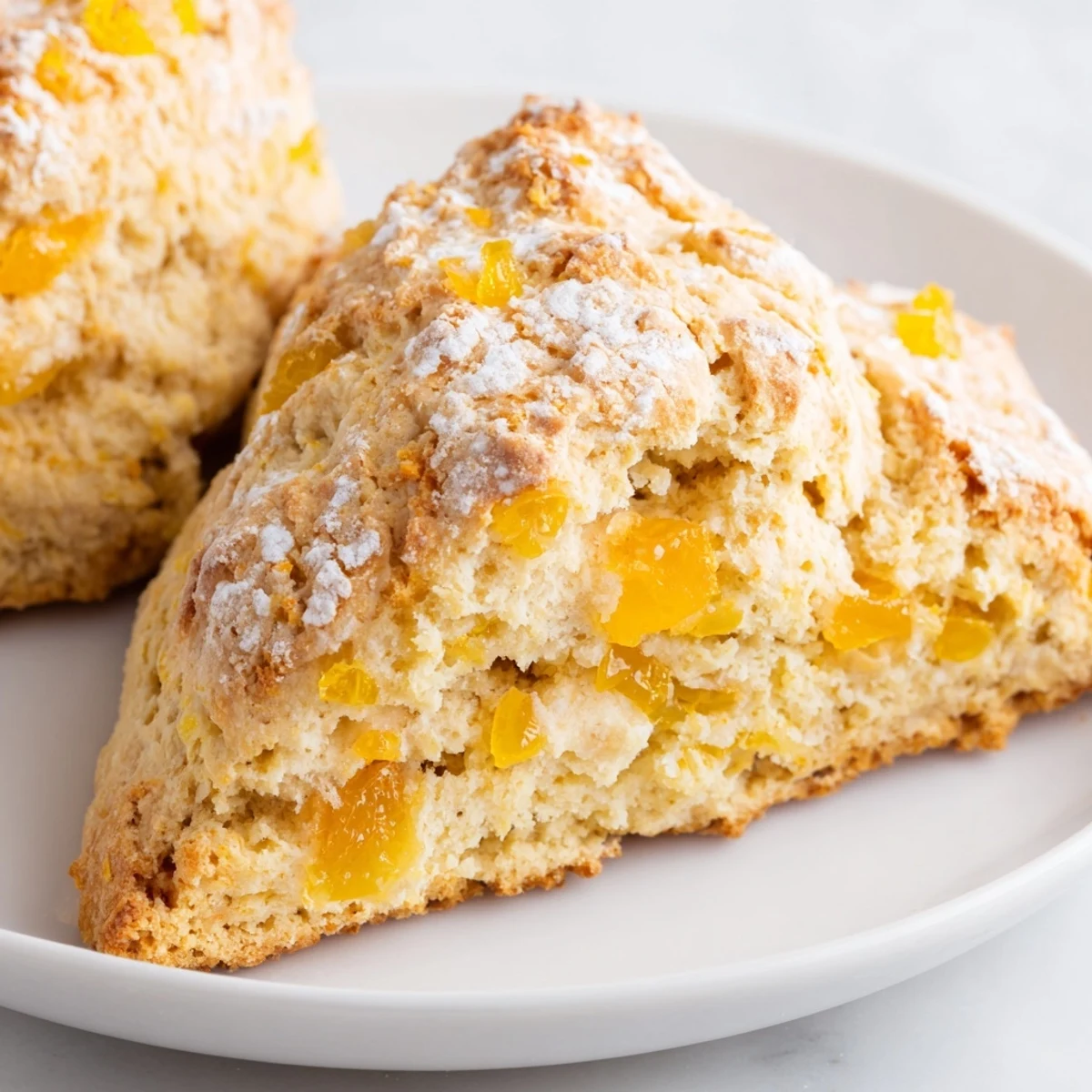 Freshly baked Candied Ginger Orange Scones on a tray with a cup of tea for a cozy British afternoon.
