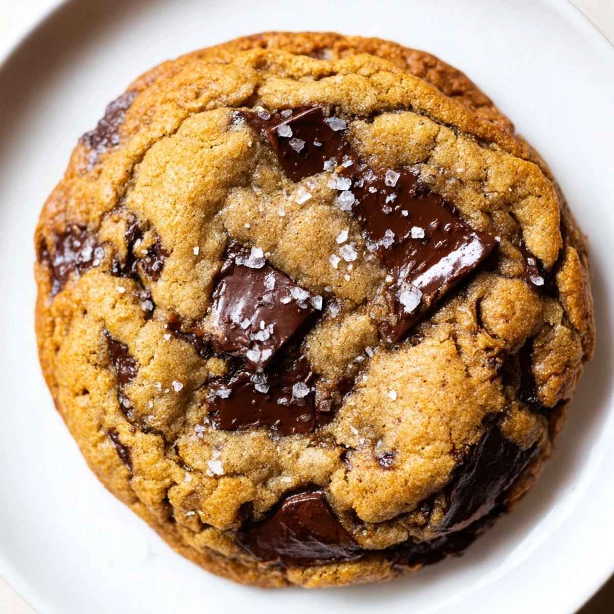 Close-up of Miso Chocolate Chip Cookies sprinkled with flaky sea salt on a parchment-lined baking sheet.