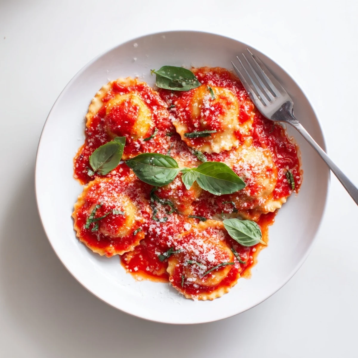 Tender 20-Minute Ravioli with Simple Sauce served in a white bowl, perfect for a quick vegetarian dinner.