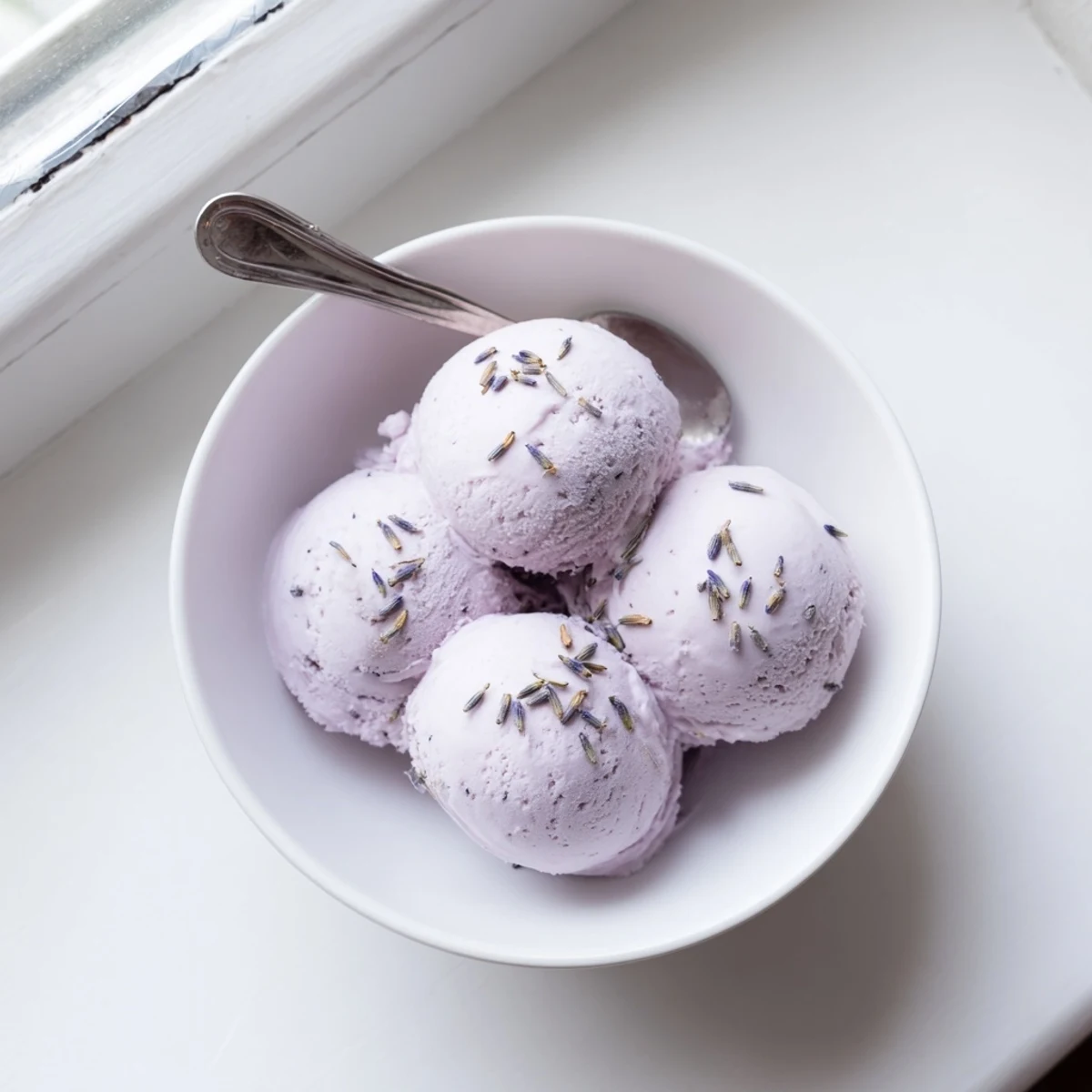 Scoops of Lavender Ice Cream in a clear glass bowl, topped with dried lavender buds and fresh berries, perfect for summer.